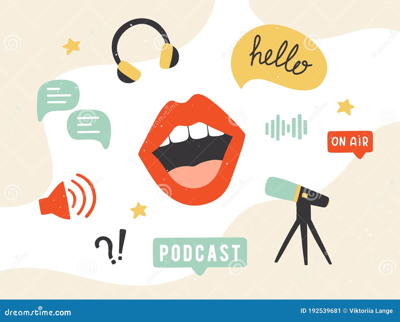 podcast banner. collection of podcasting s: microphone, headphones, loudspeaker, speech bubbles.