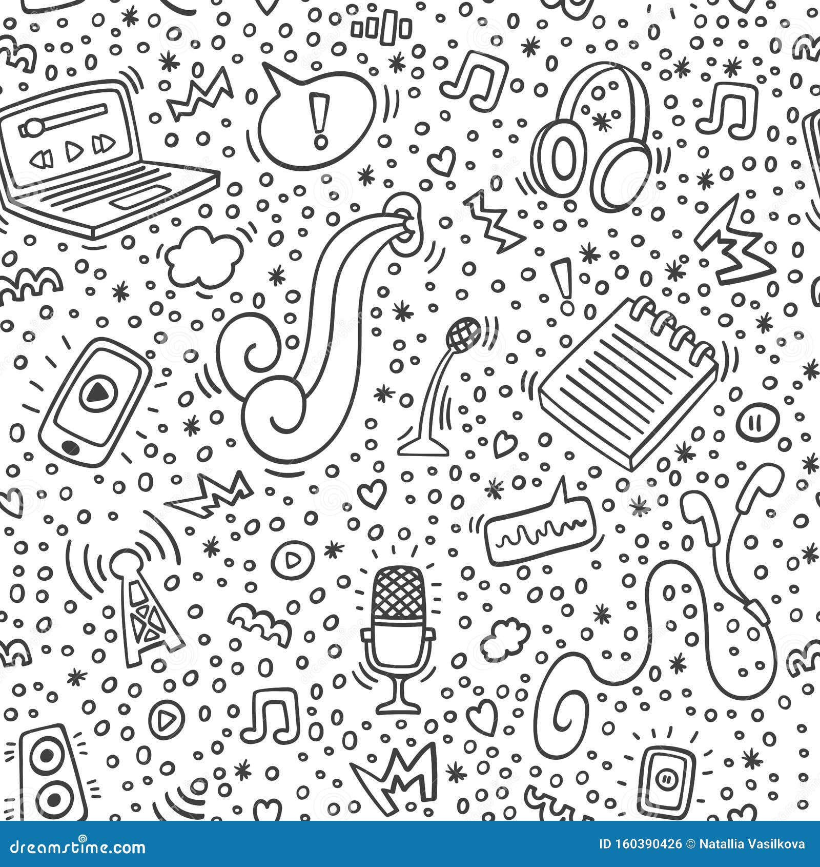 podcast doodle pattern with computer, microphone, headphones,phone, notebook outline. online education and podcasts background.