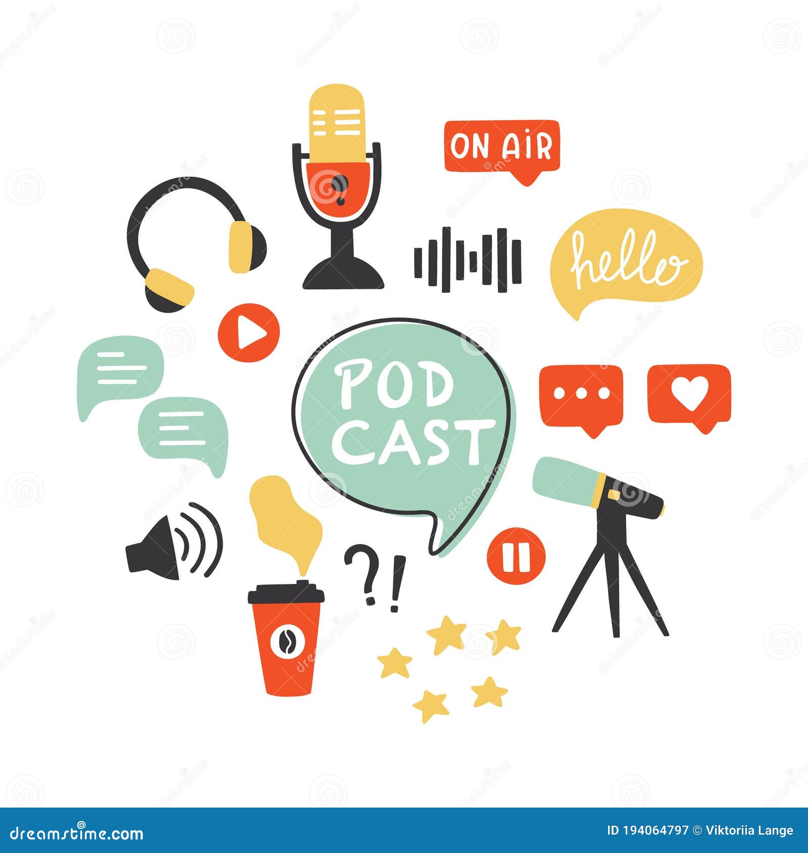 podcast icons set. podcasting s collection: microphone, headphones, loudspeaker, speech bubbles, rating stars.