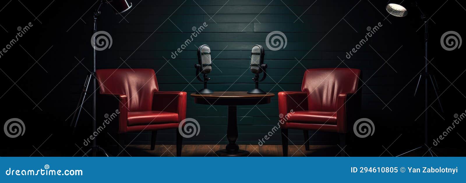 podcast or interview setup two chairs and microphones in a podcast or interview room on a dark backg