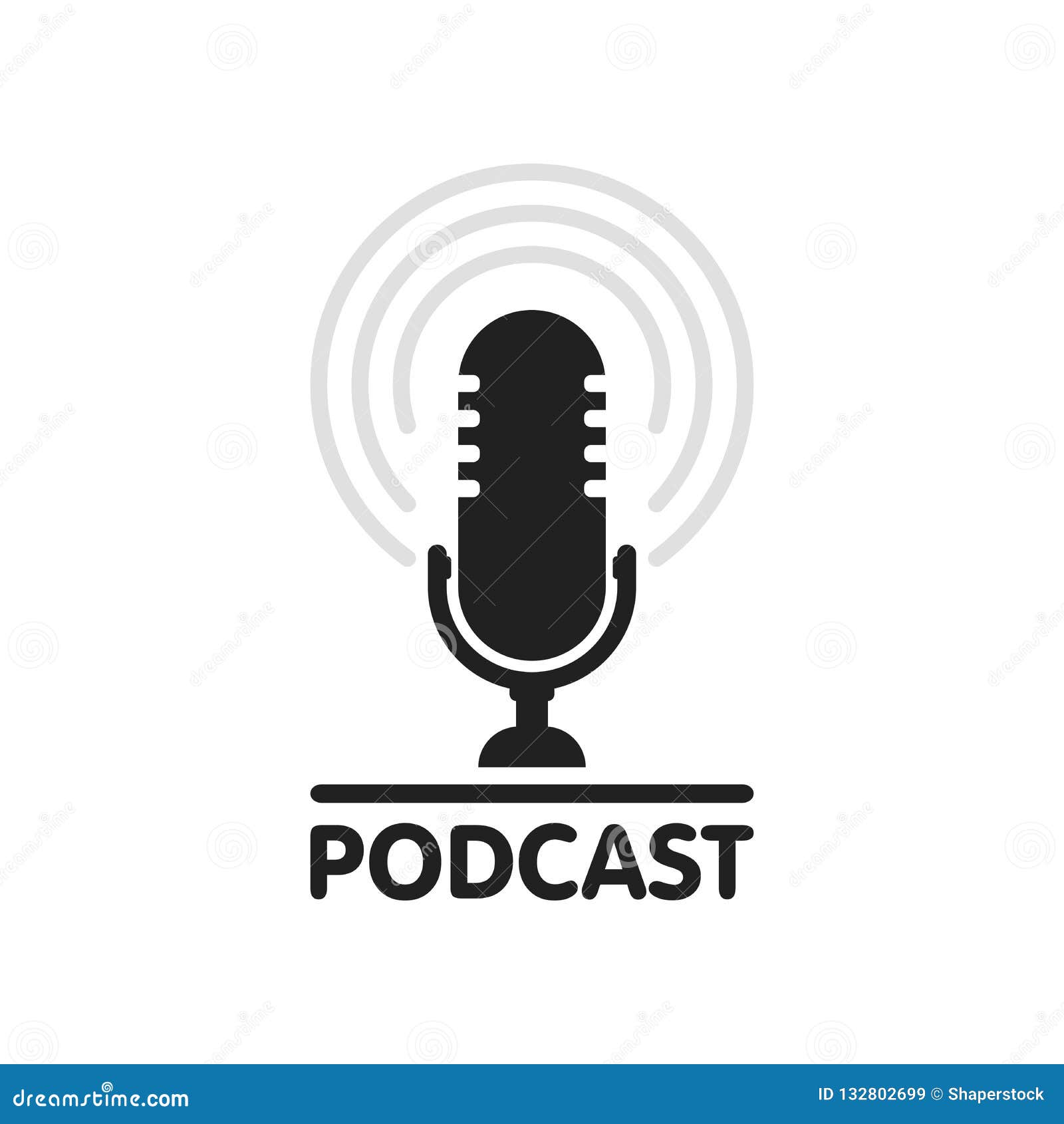 podcast radio icon . studio table microphone with broadcast text podcast. webcast audio record concept logo