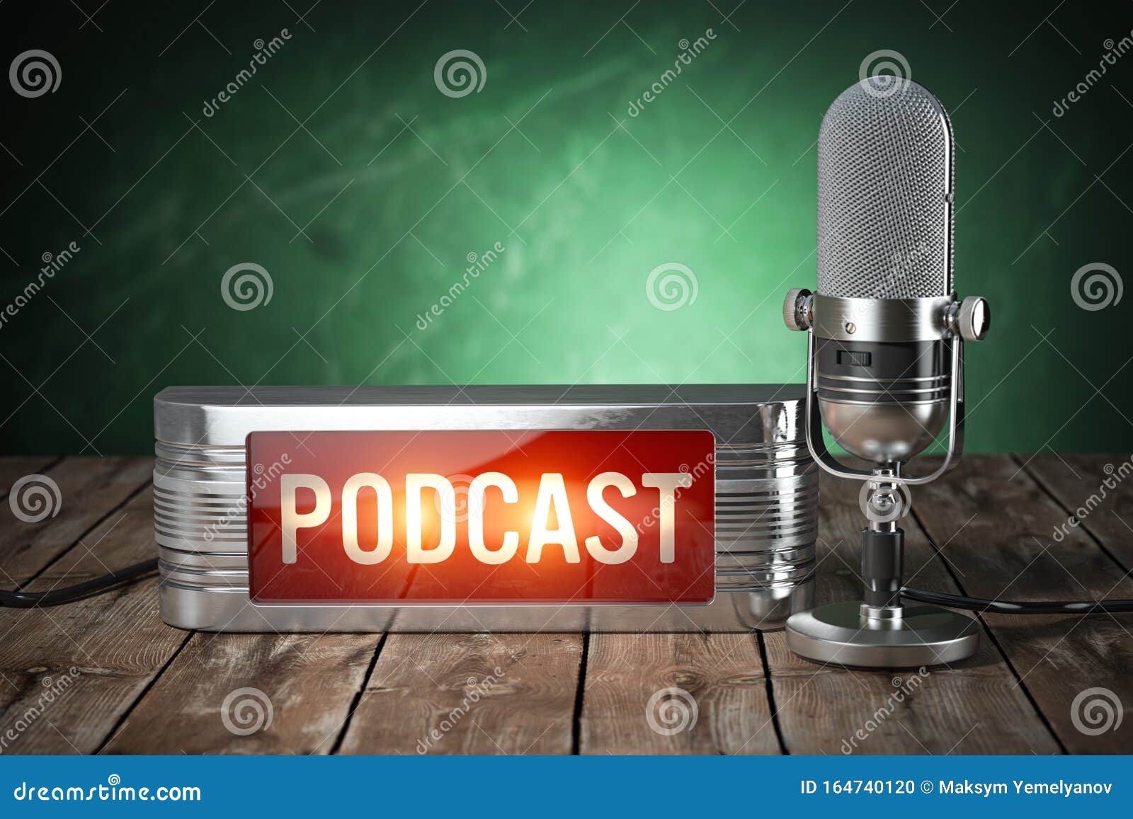 podcast. vintage microphone and signboard with text podcast