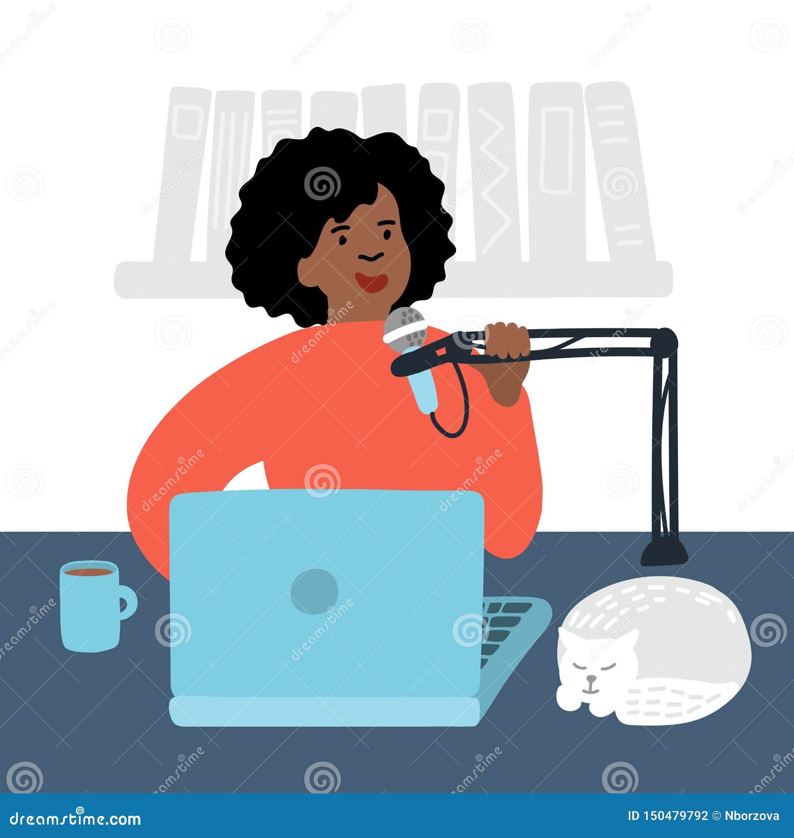 podcasting. african woman with laptop talking to microphone at home.