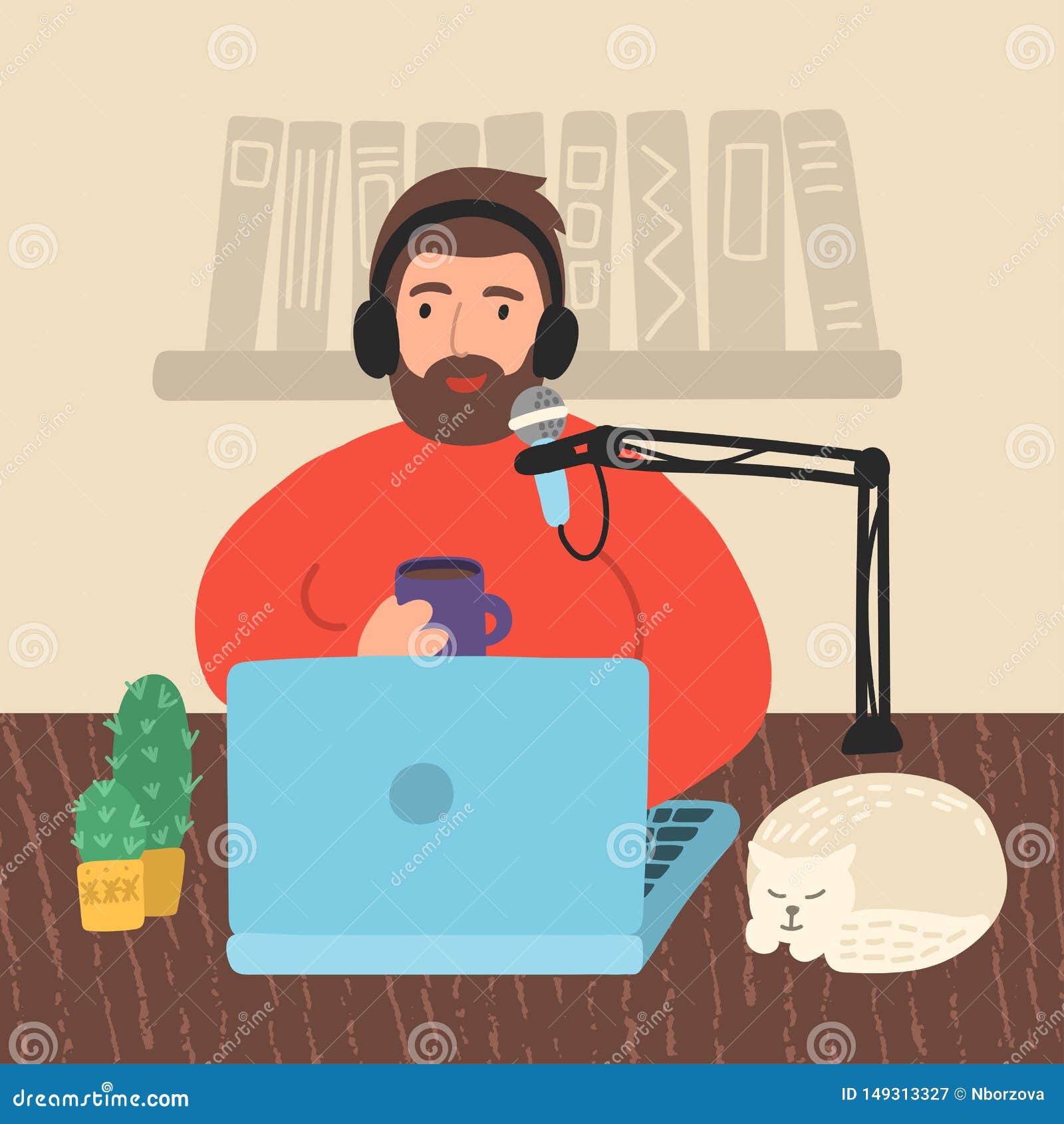 podcasting. man with laptop talking to microphone at home.