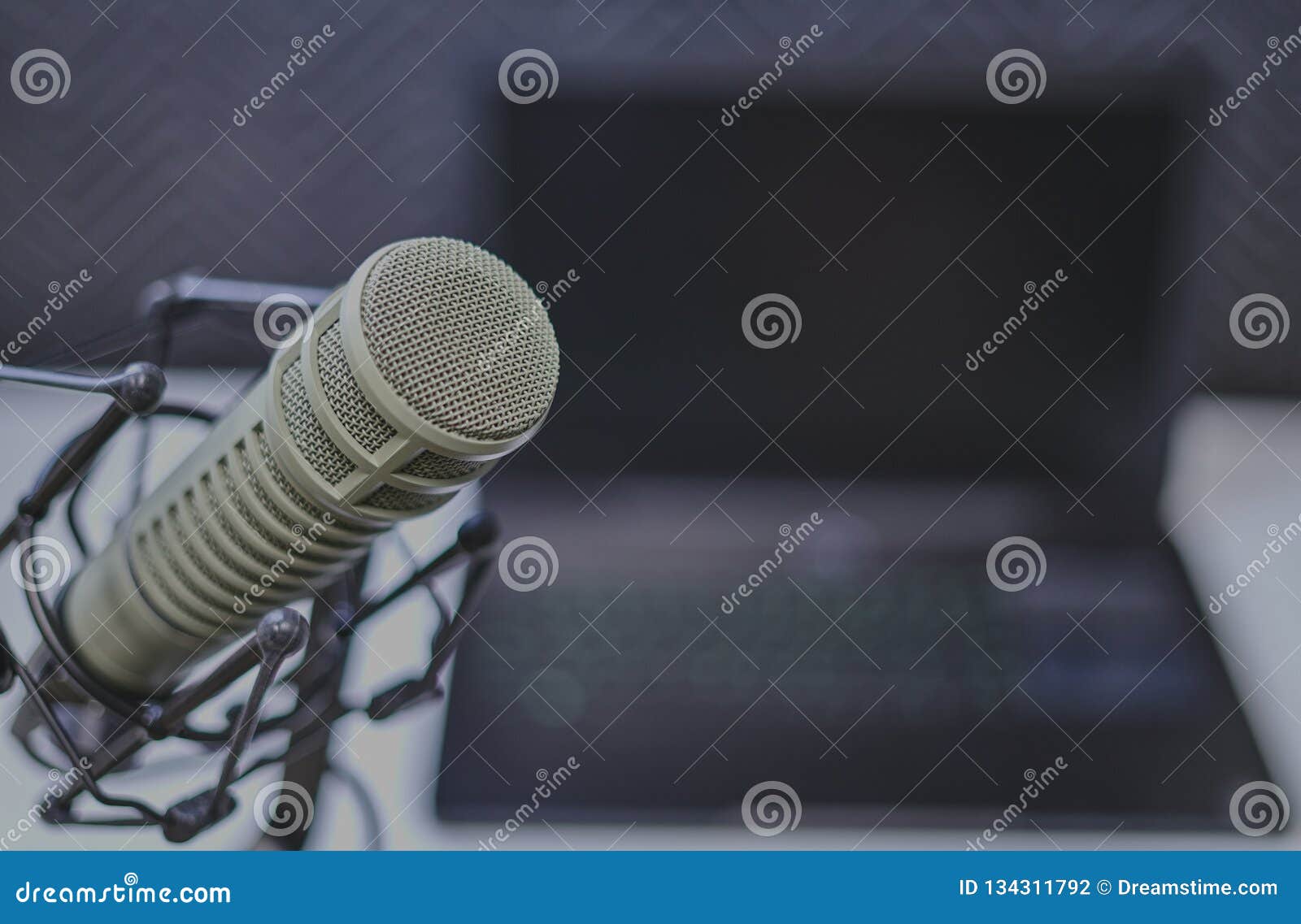 podcasting setup with microphone in focus
