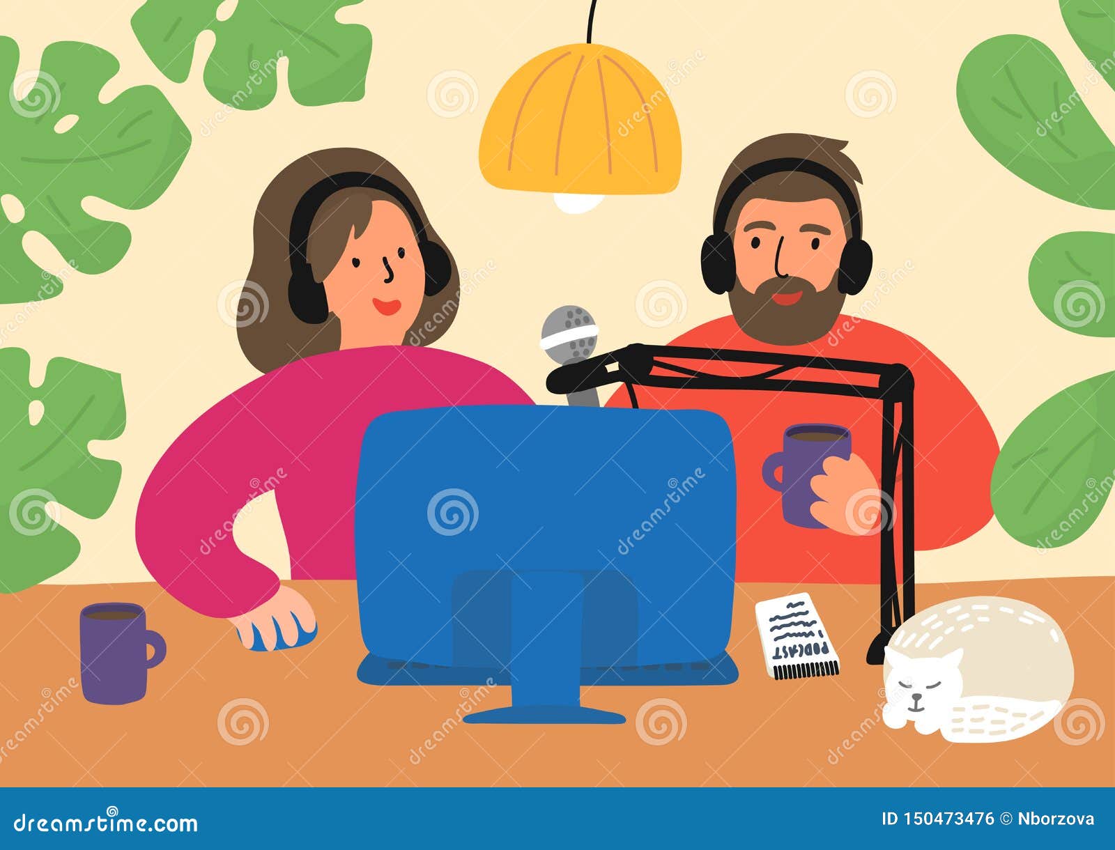 podcasting. woman and man recording, editing, or broadcasting podcast, online training, or online radio.