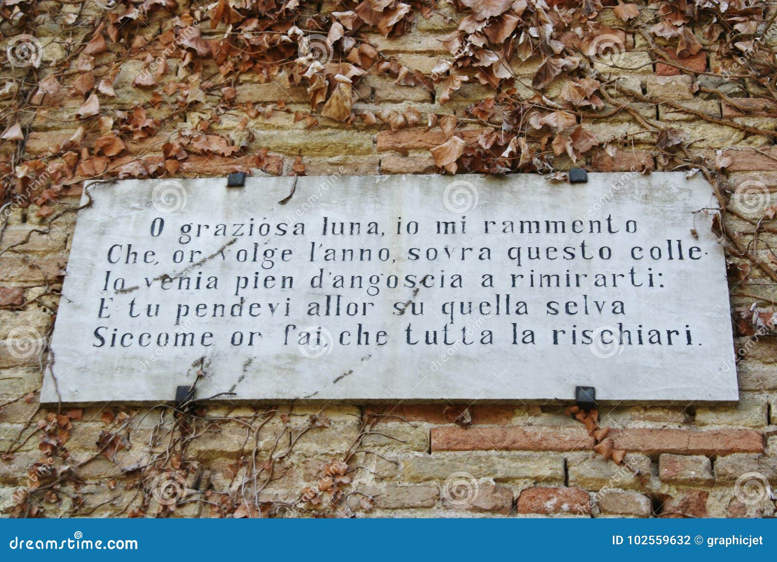 poem of giacomo leopardi on a wall cartel in recanati