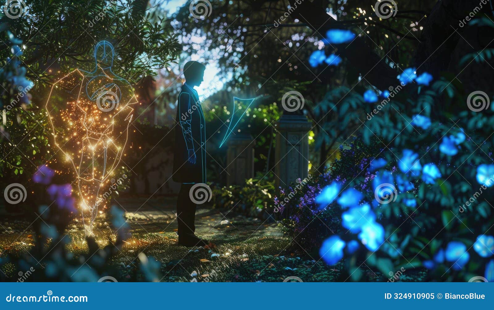 poet and ai collaborating in serene garden aig60