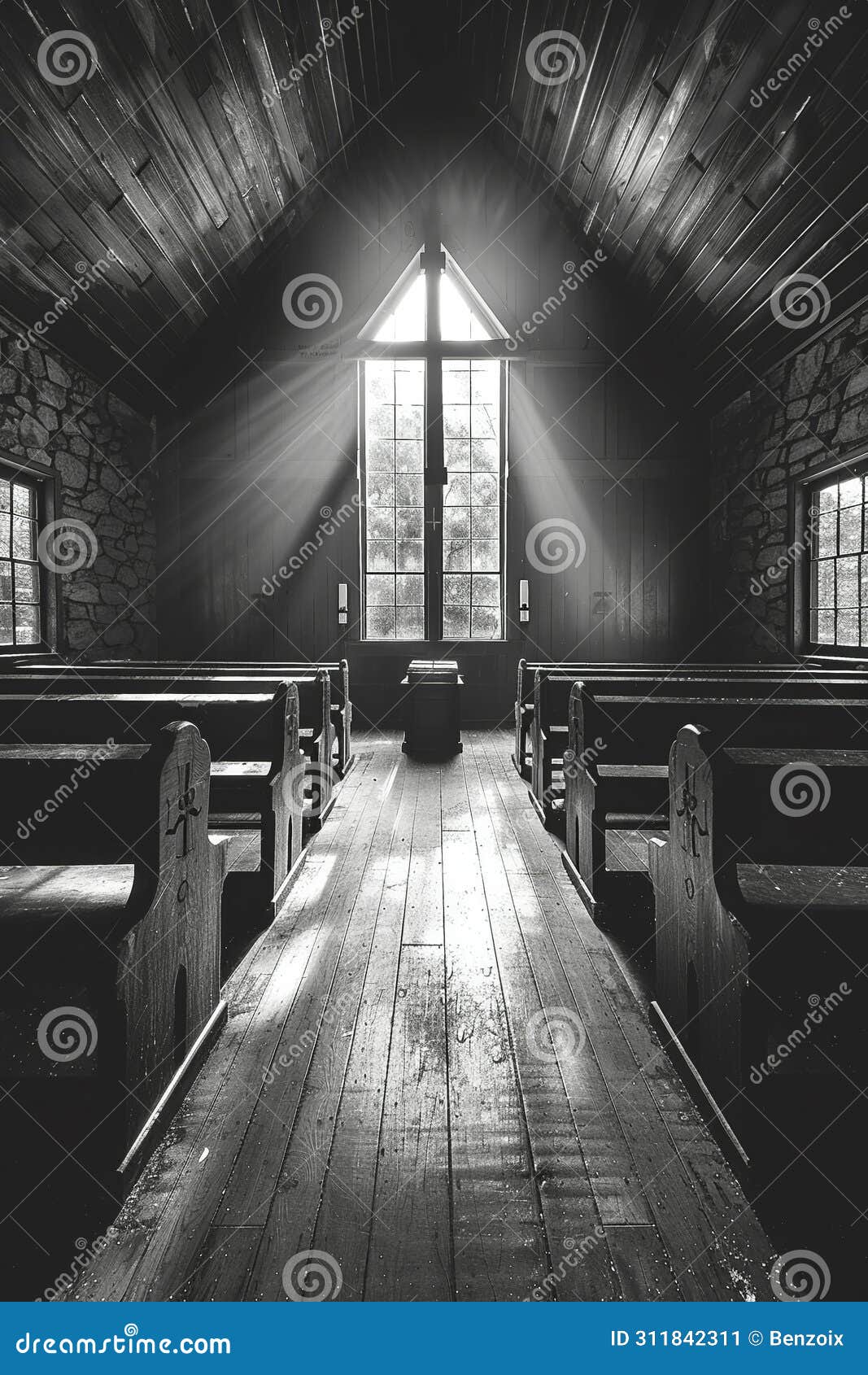 poignant black and white photograph of quiet chapel on good friday.