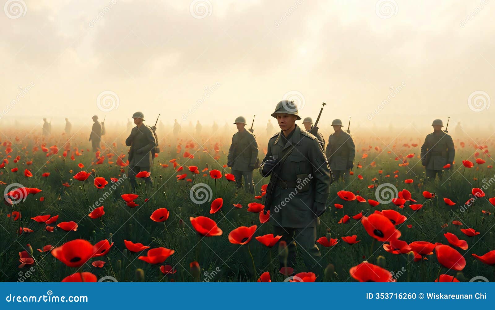 soldiers walking through poppy field remembrance day war military history ai generated.