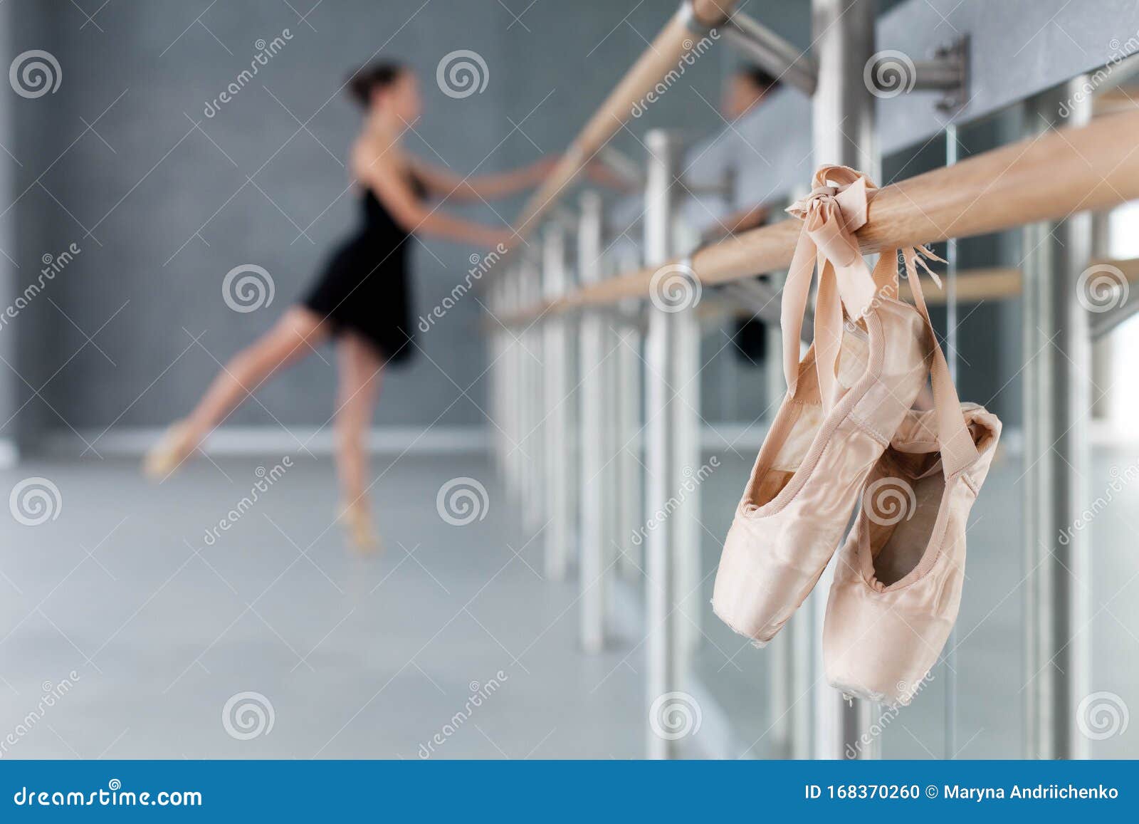 Pointe Shoes Hang On Ballet Barre Ballerina Has Dance Training In Class Room Girl Is Doing Exercises In Front Of Mirror Stock Photo Image Of Pointe School