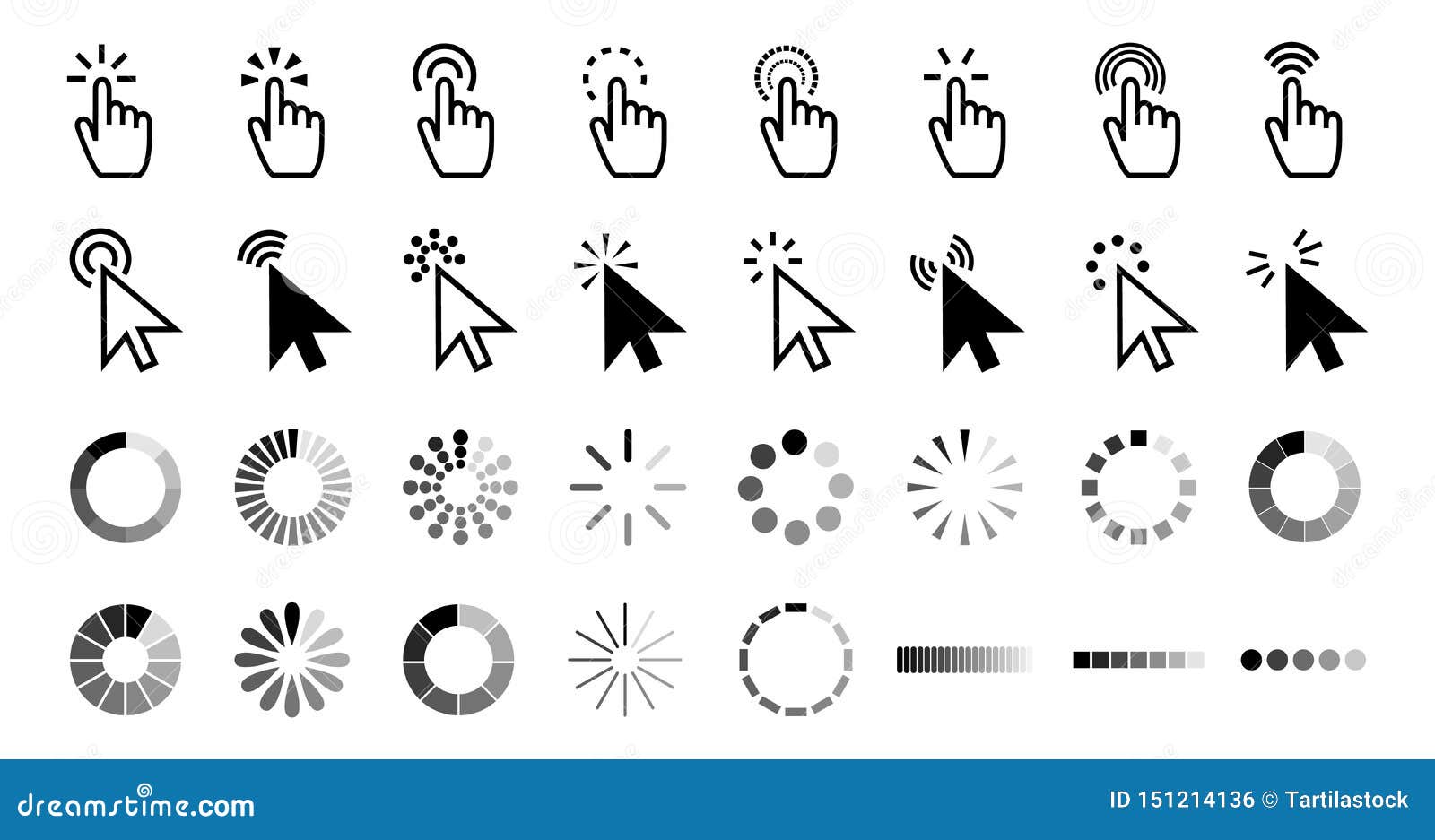 pointer click icon. clicking cursor, pointing hand clicks and waiting loading icons  collection