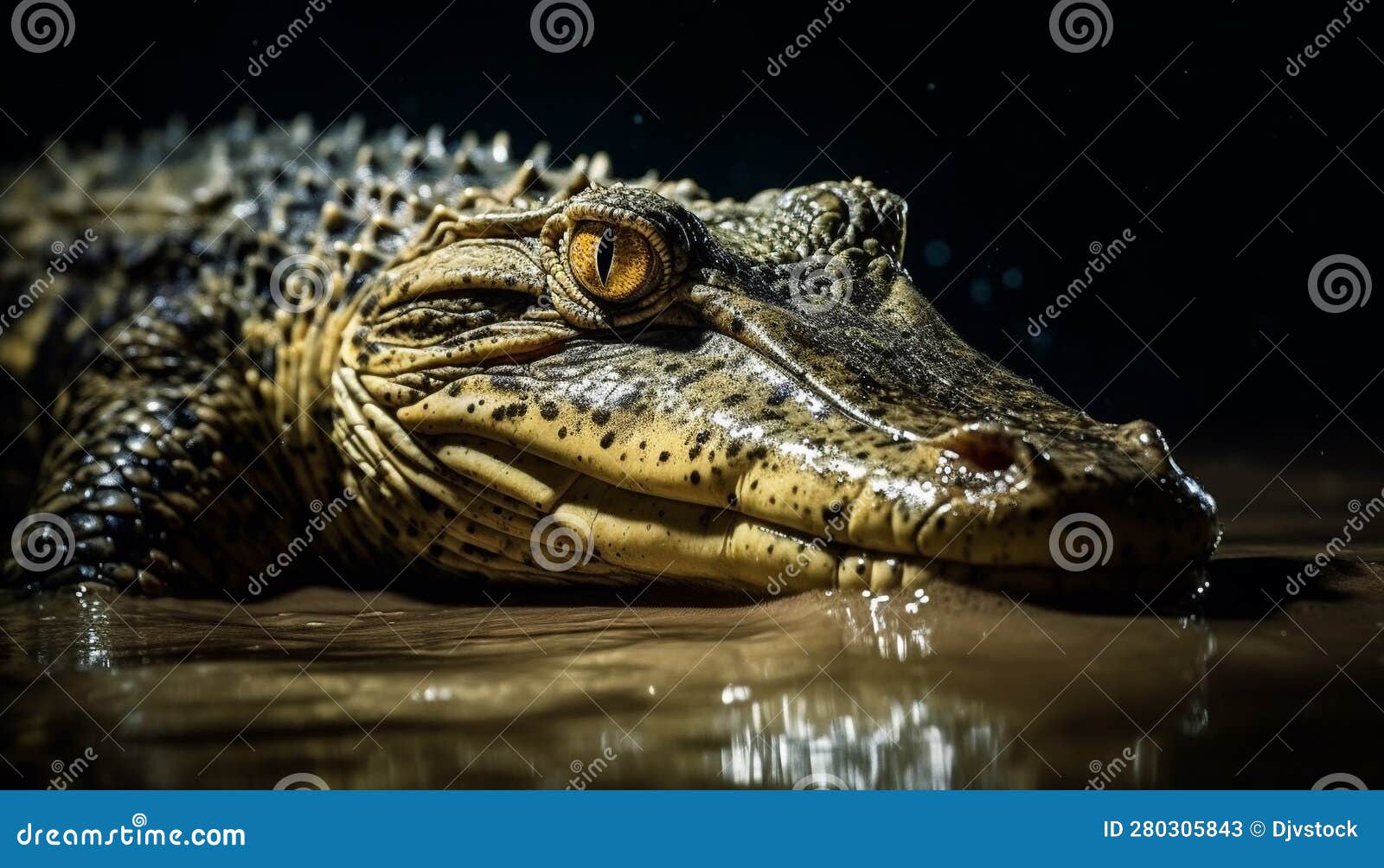 Poisonous Dragon Looking at Camera in Dark Tropical Swamp Water