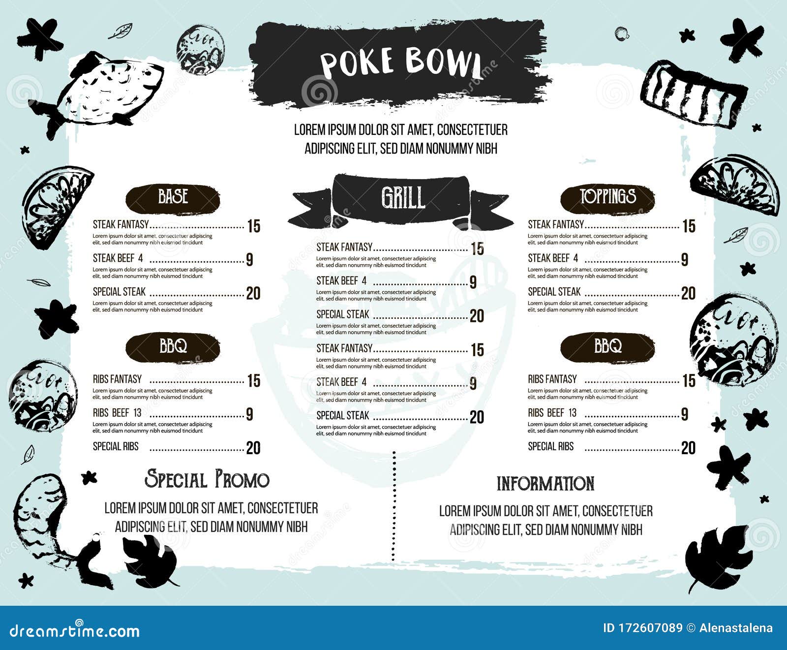 Poke Bowl Restaurant Menu Design. Colorful Grunge Cafe Template Inside Hawaiian Menu Template