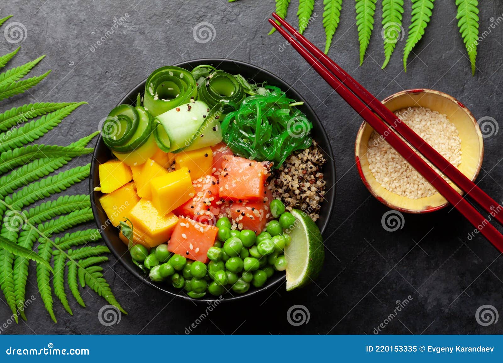 poke bowl with salmon, cucumber and mango