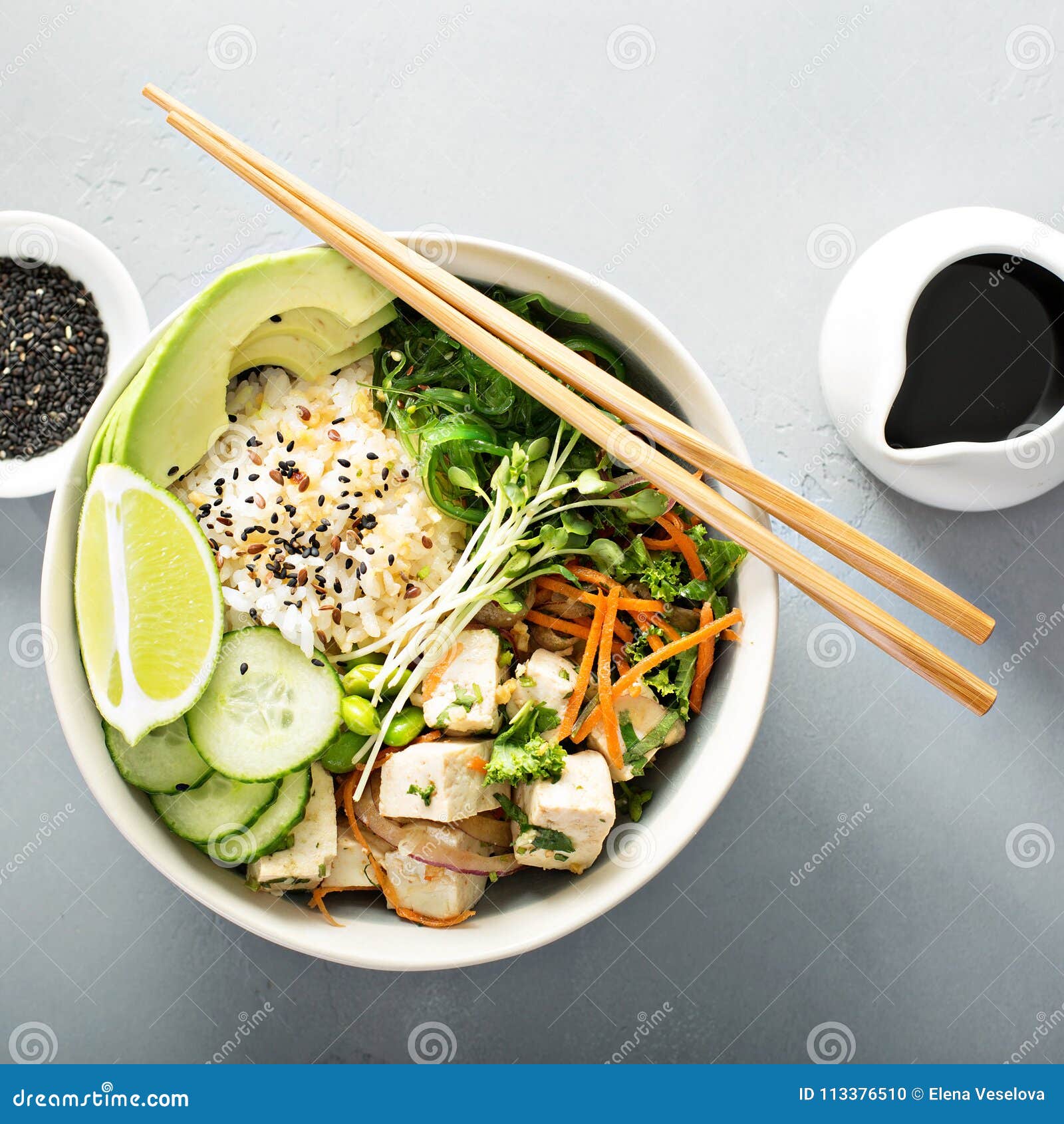 Poke Bowl with Silken Tofu, Rice and Vegetables Stock Photo - Image of