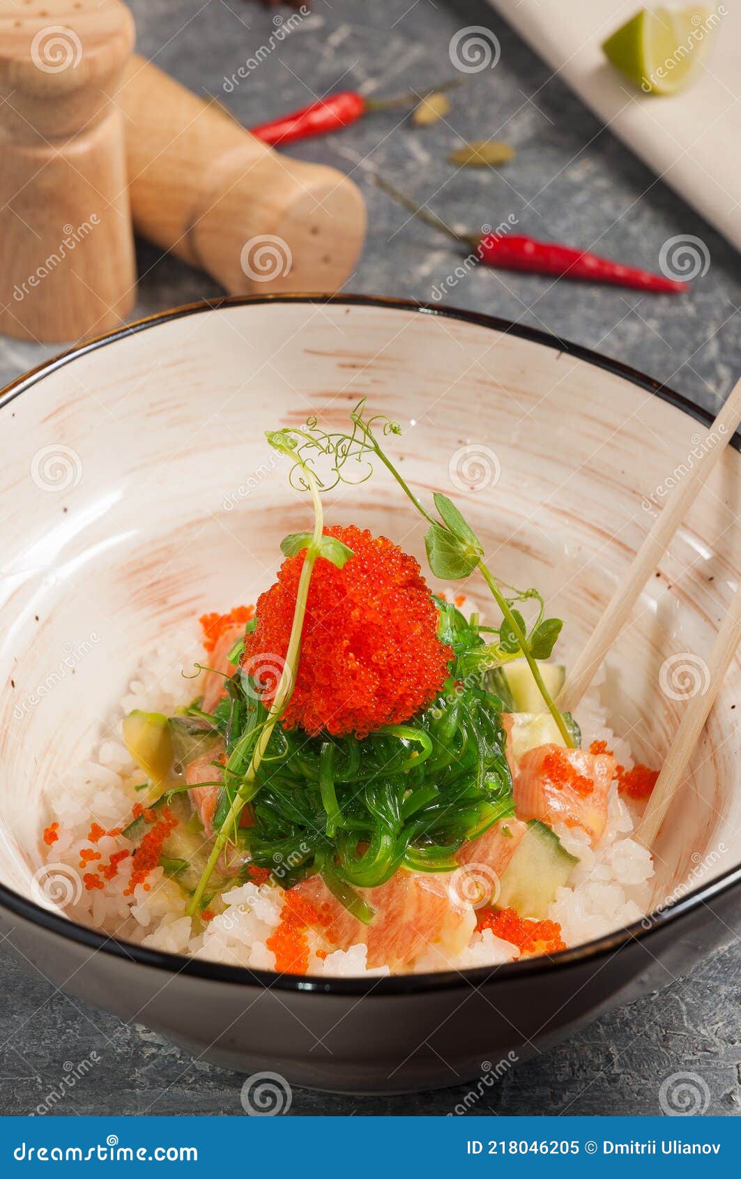 Poke with Salmon in Mango Sauce. Asian Cuisine Stock Image - Image of