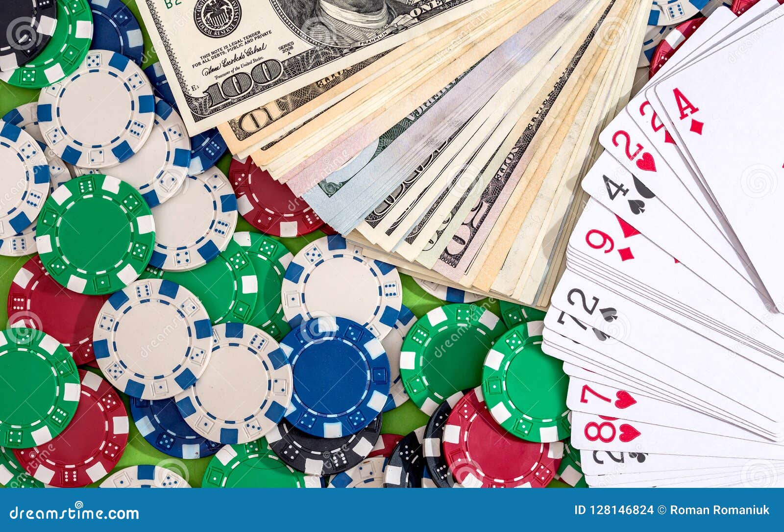 Poker Chips with Cards and Dollars on the Table Stock Photo Image of