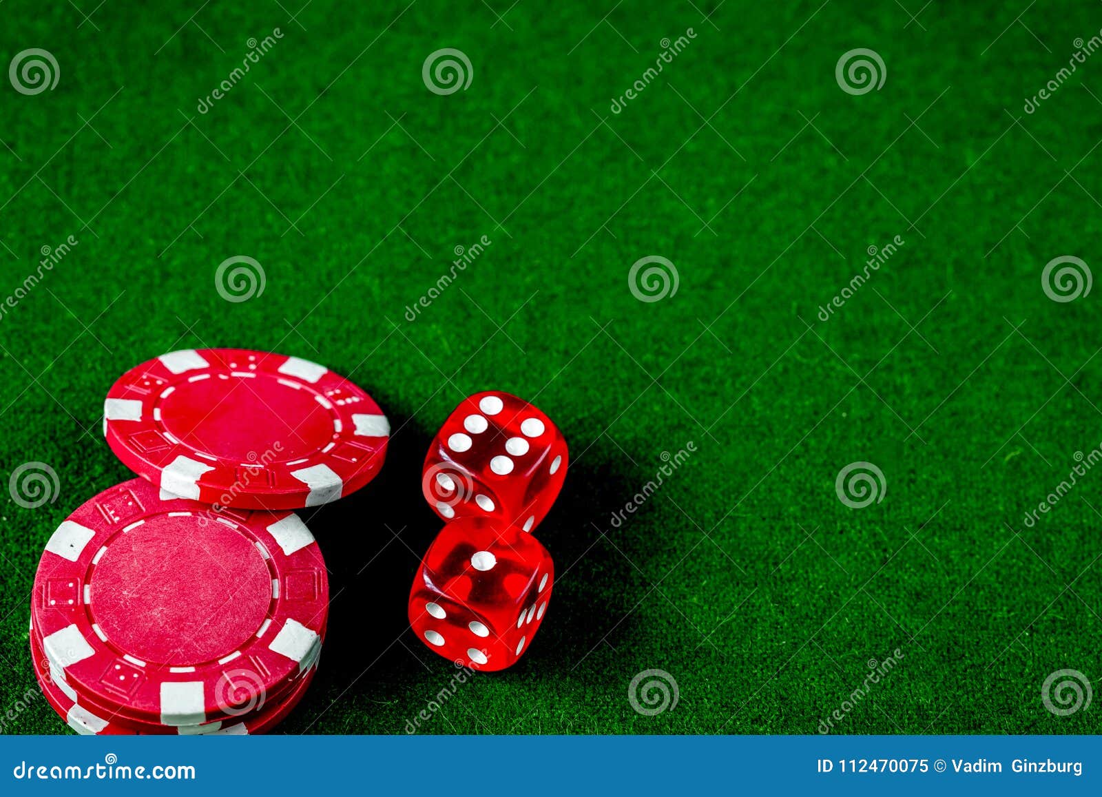 Poker Chips and Dice on Green Background Top View Stock Image Image