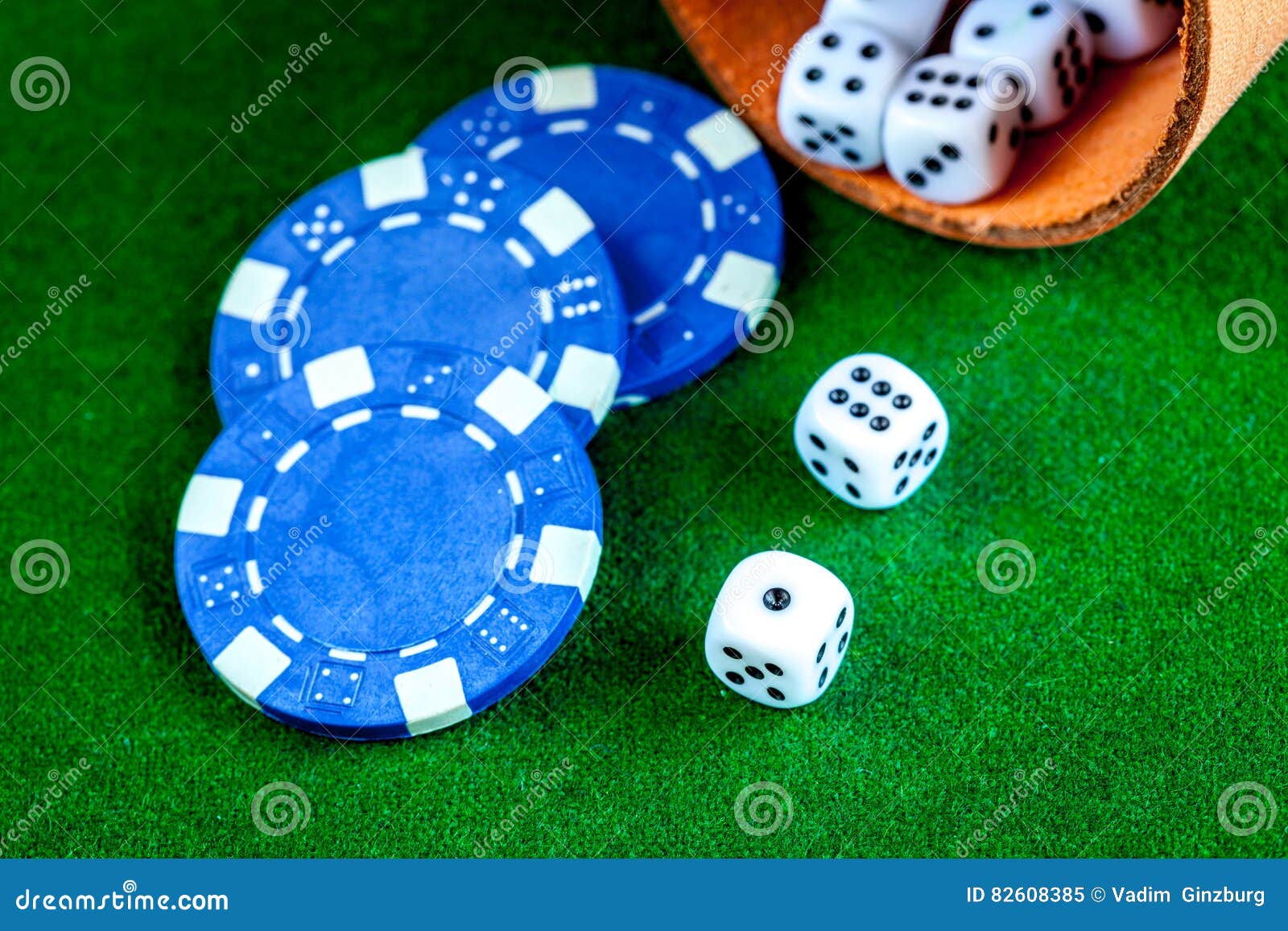 Poker Chips and Dice on Green Background Top View Stock Image Image