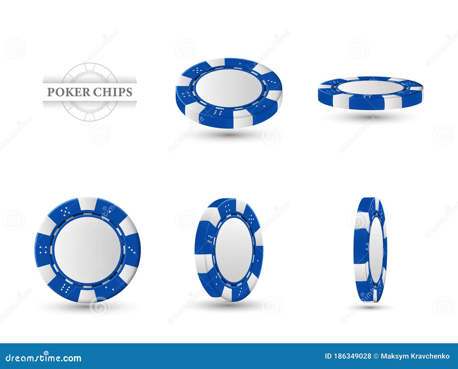 Poker Chips in Different Position. Blue Chips Isolated on Light
