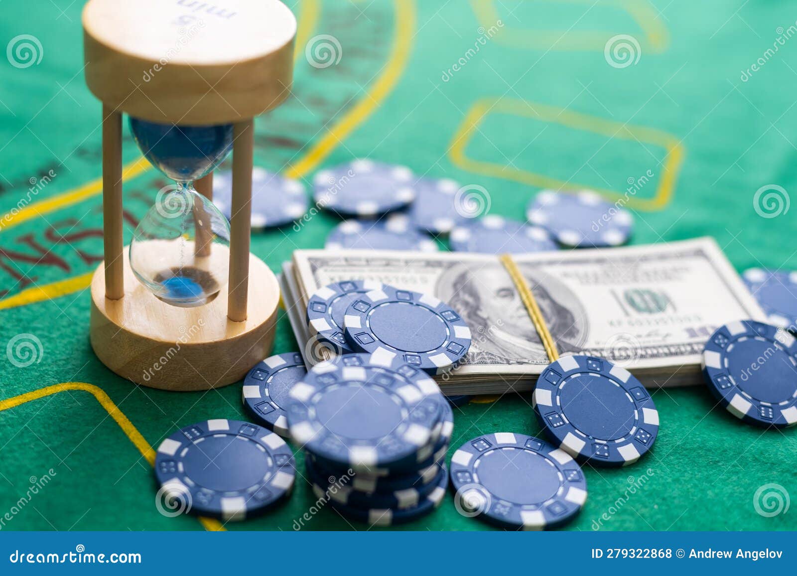 Poker Chips and Dollar Money Bills on Green Cloth Stock Photo Image