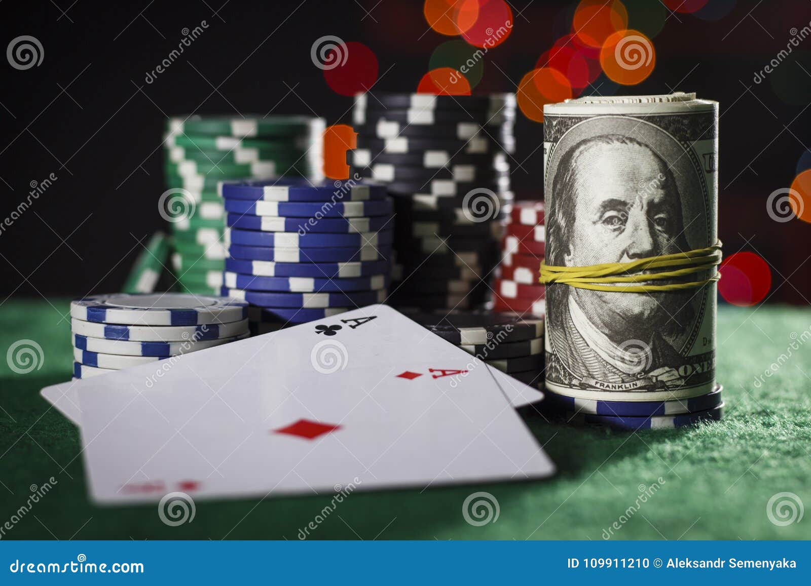 Poker Chips, Dollars and a Pair of Aces Stock Photo Image of poker