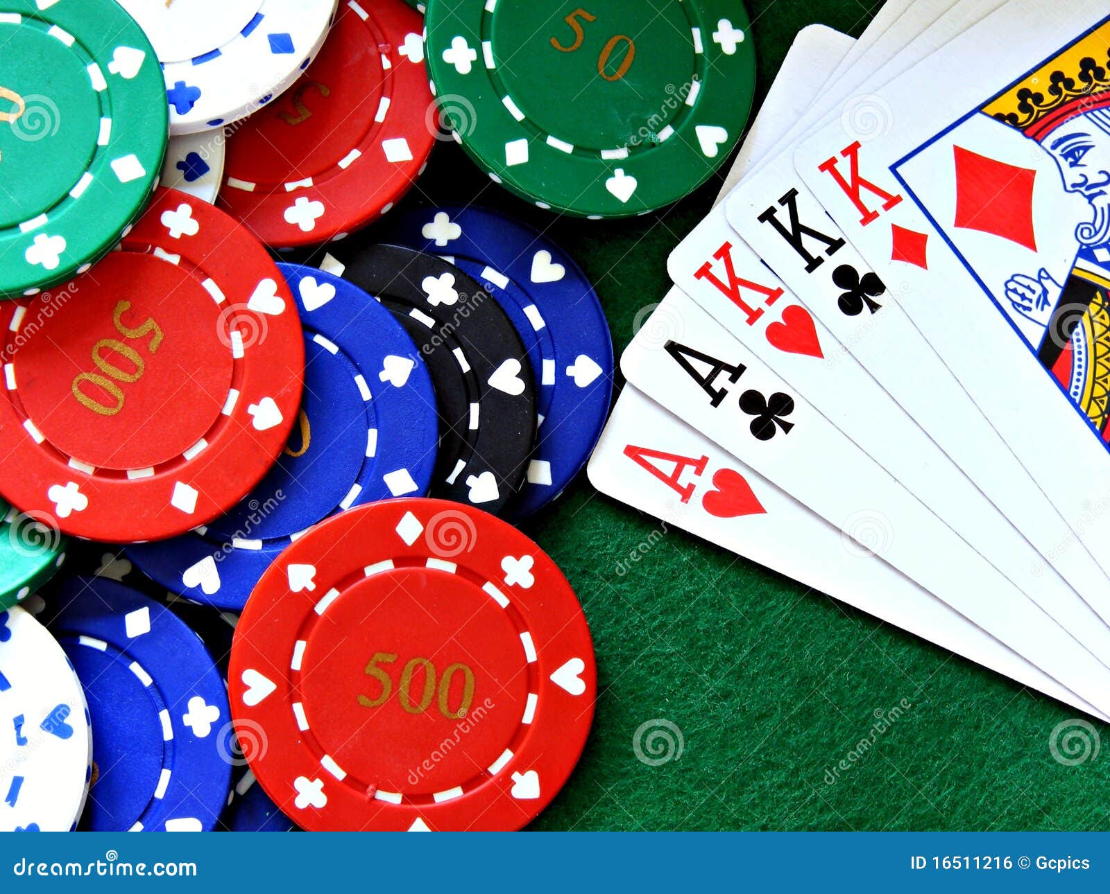 Poker Chips & Full House Cards On Green Felt Table Royalty 