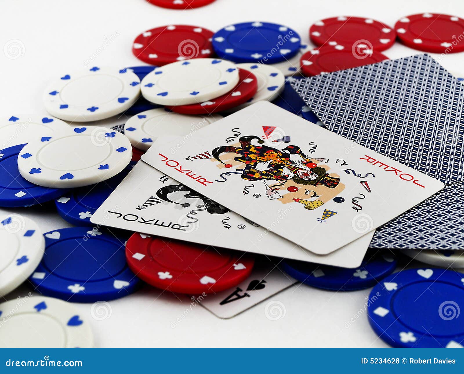 Poker Chips and Joker Cards on White Background Stock Photo Image of