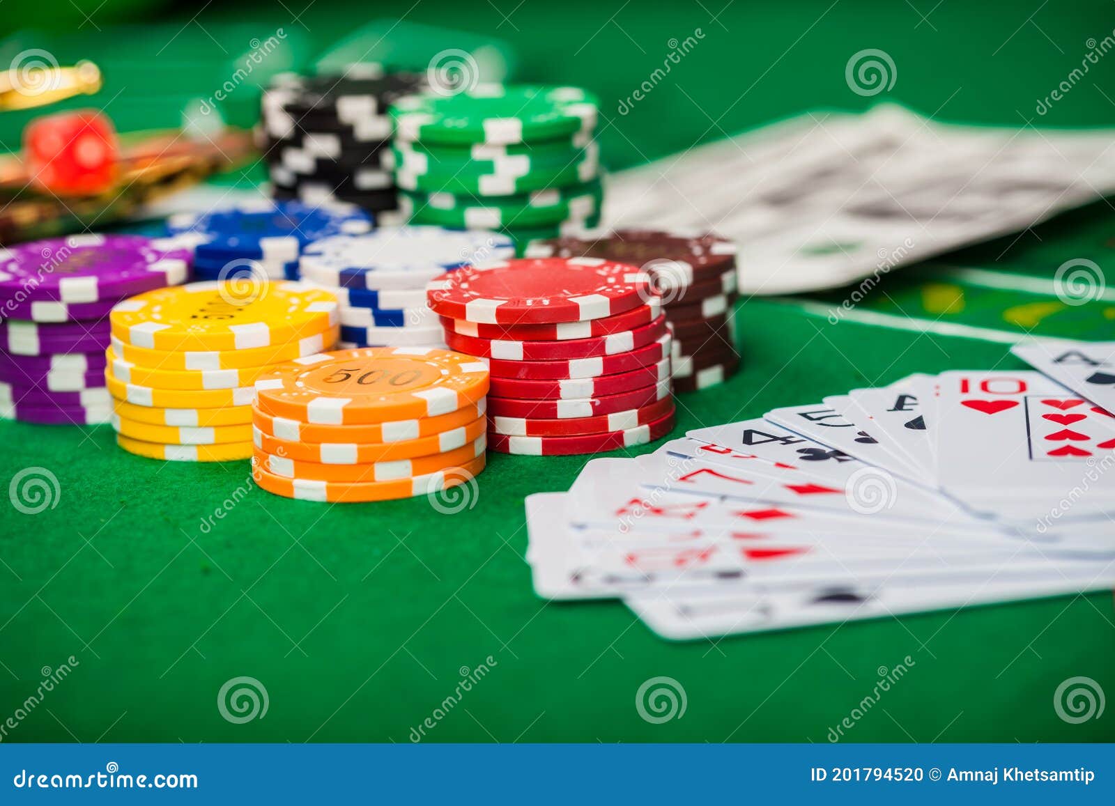 Poker Chips on Table in Casino. Cards on Green Felt Casino Table Stock Photo Image of betting