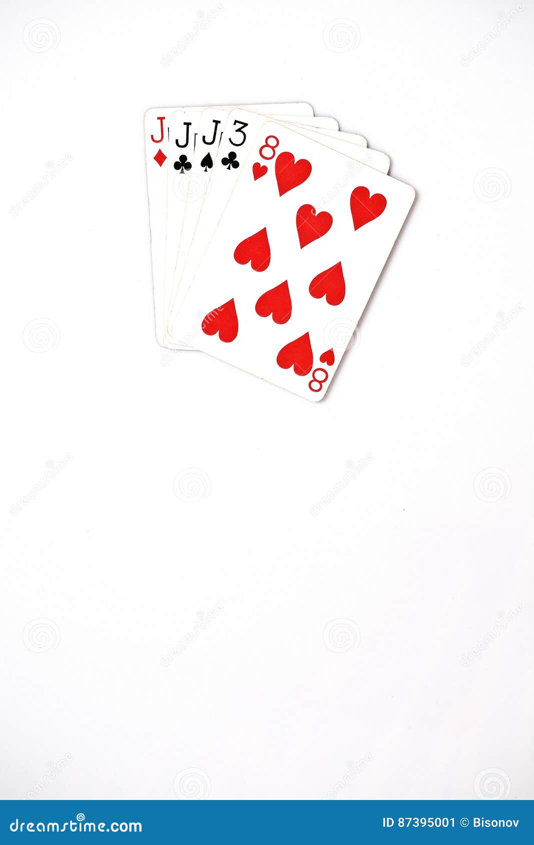 poker hand rankings  set playing cards in casino: three of a kind jack on white background, luck abstract