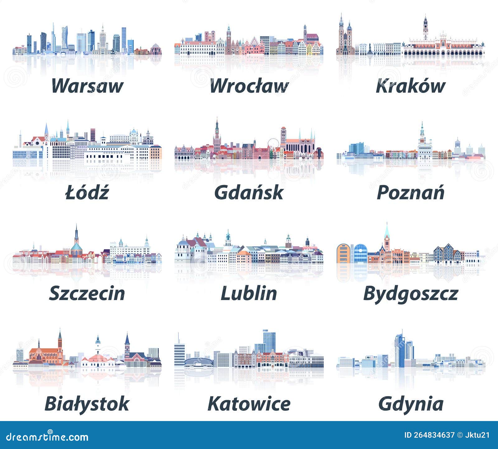 poland cities skylines in soft cold tones color palette  set