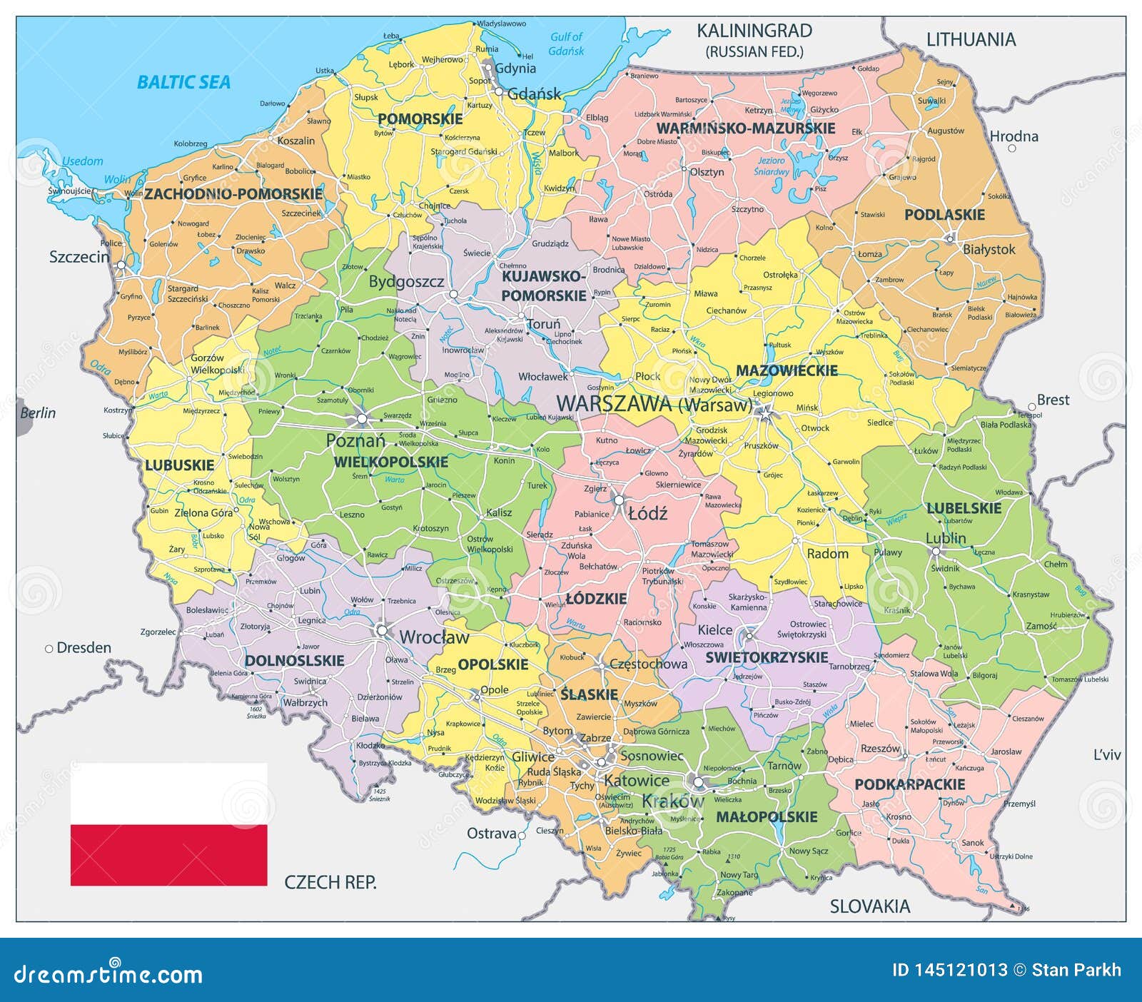 Poland Detail Administrative Map And Roads Cartoon Vector ...