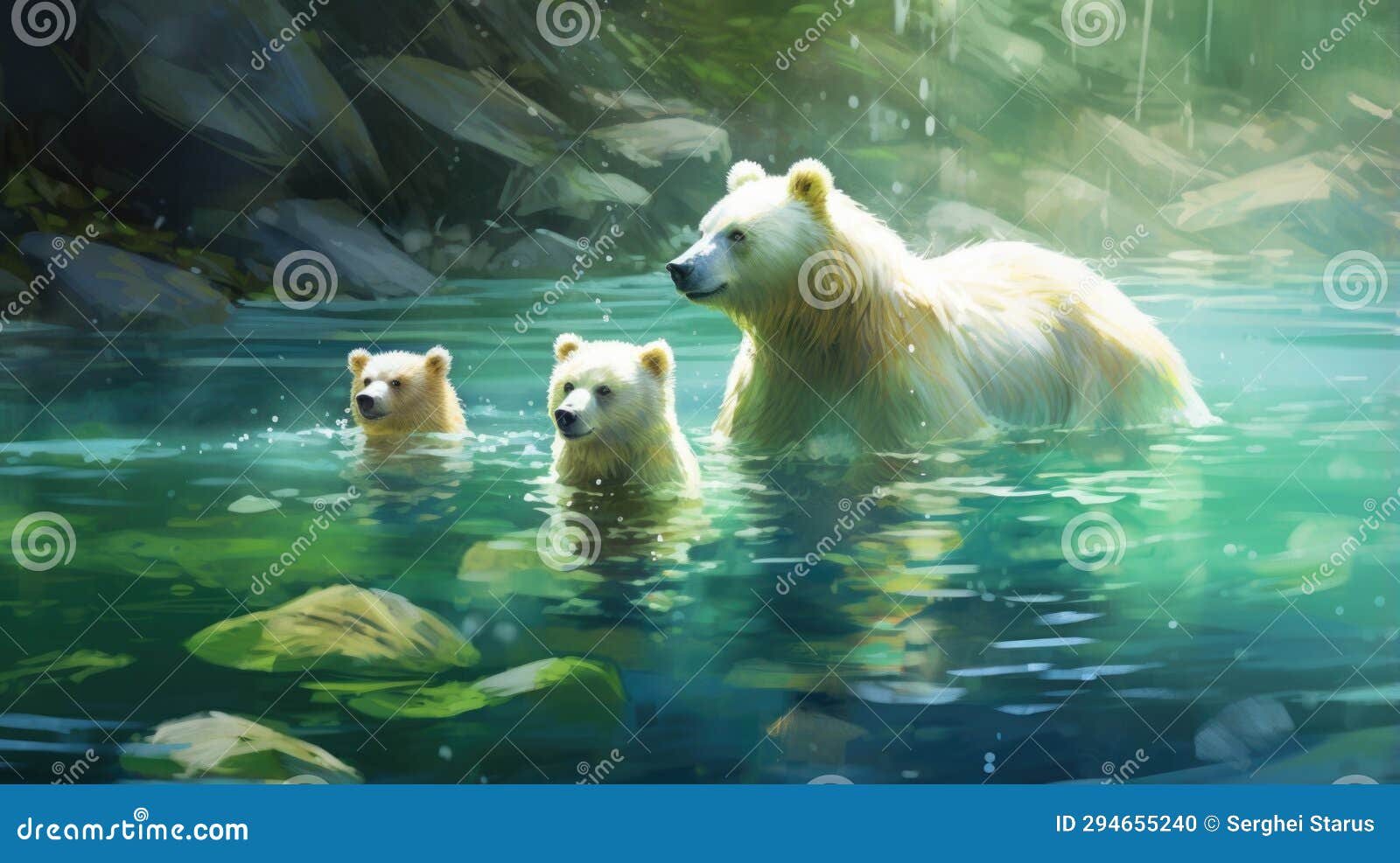 Polar Bear Family in the Water, AI Stock Photo Image of mammal, bear 294655240