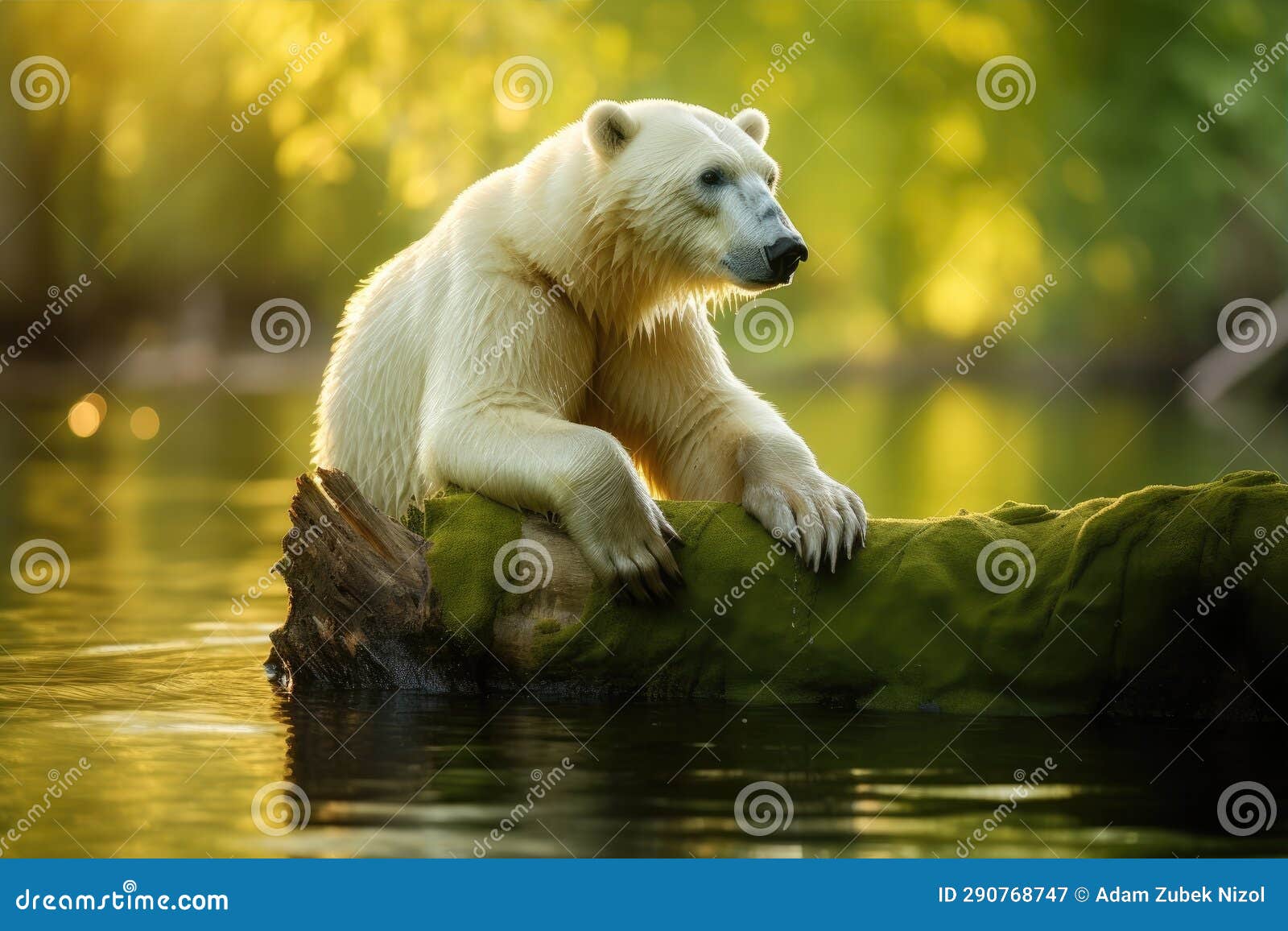 A Polar Bear on a Log in Water Stock Illustration Illustration of
