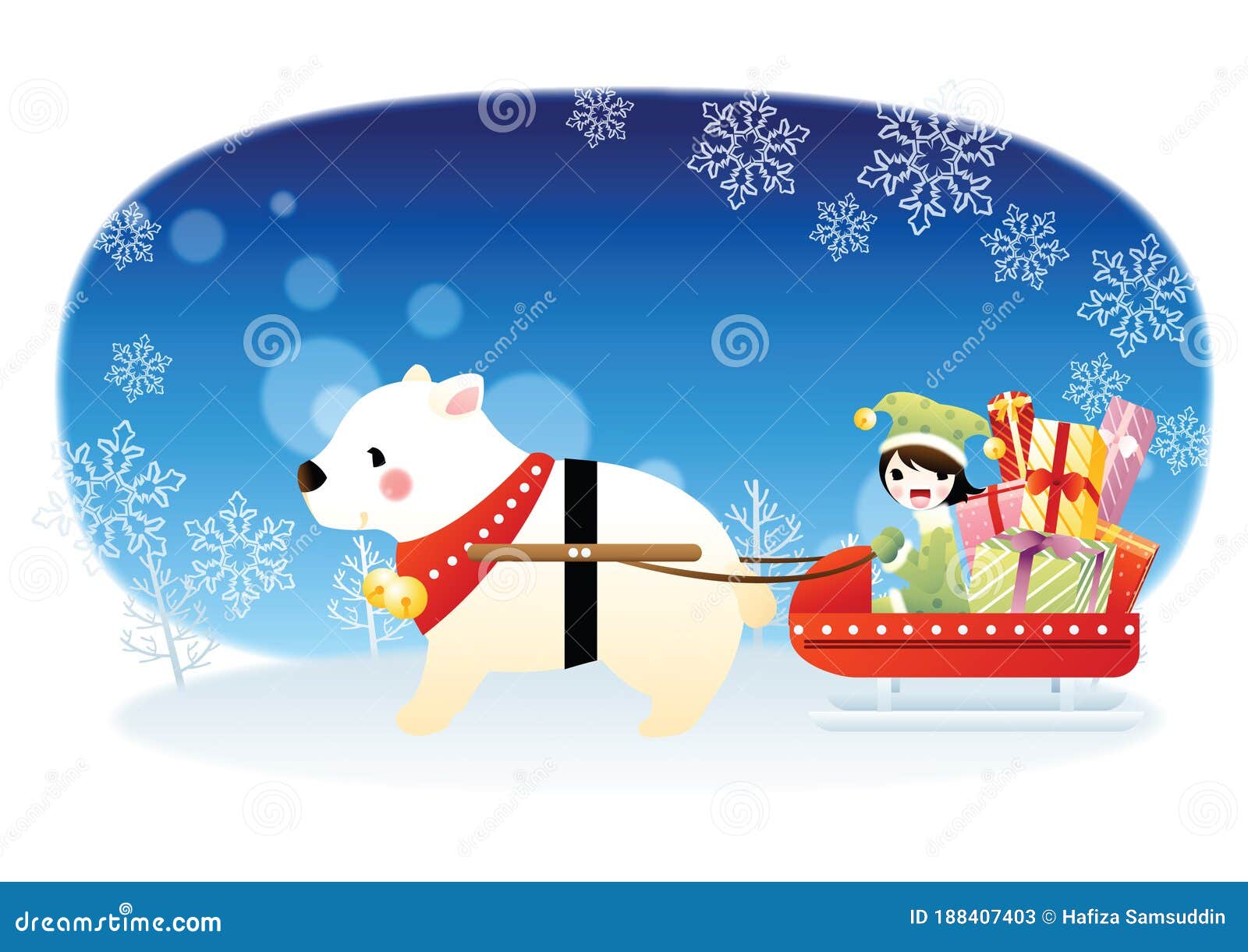 Polar Bear Pulling a Sleigh. Vector Illustration Decorative Design
