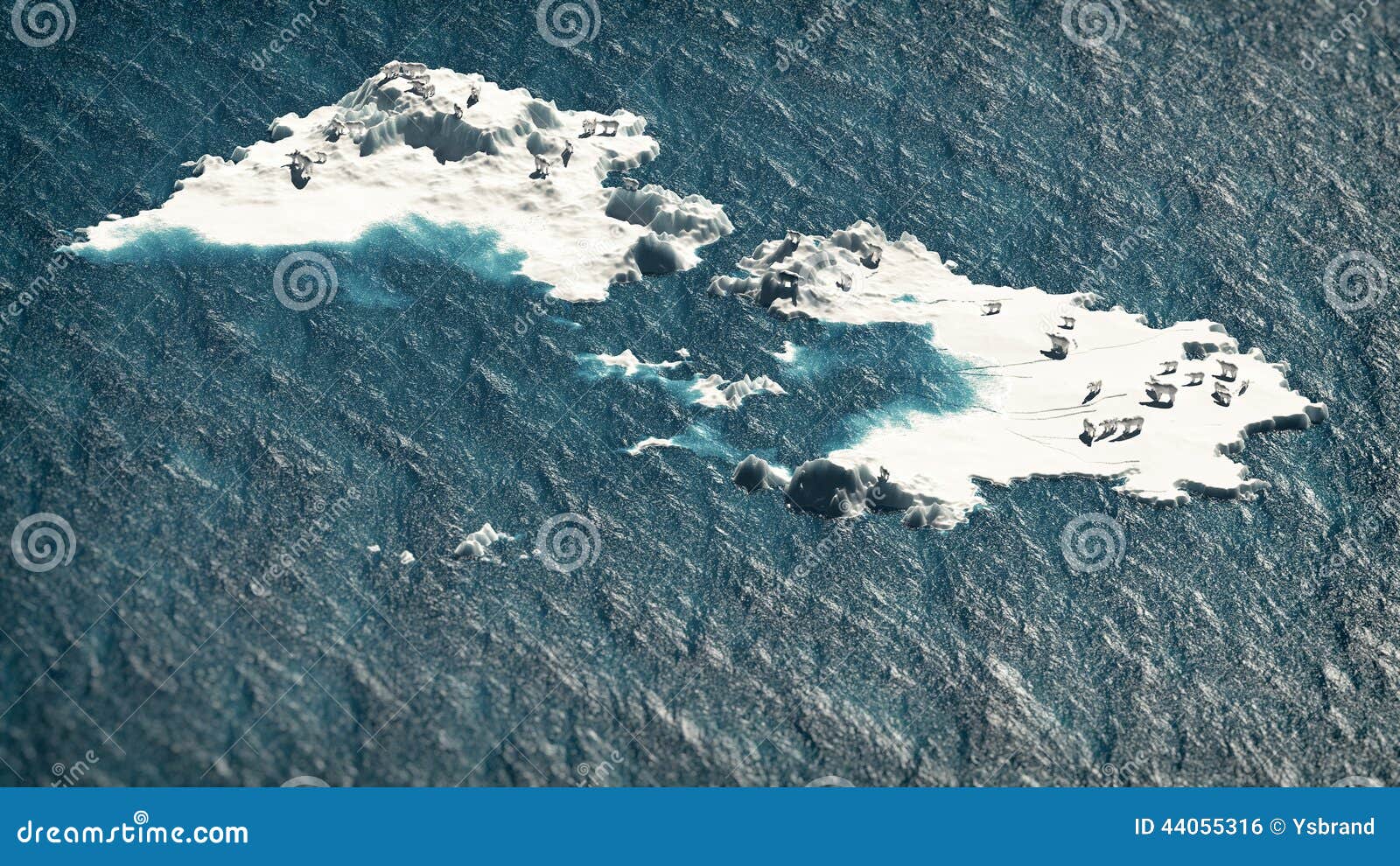 Polar Bears on Melting Ice Rocks in Ocean. Aerial Composition. Stock