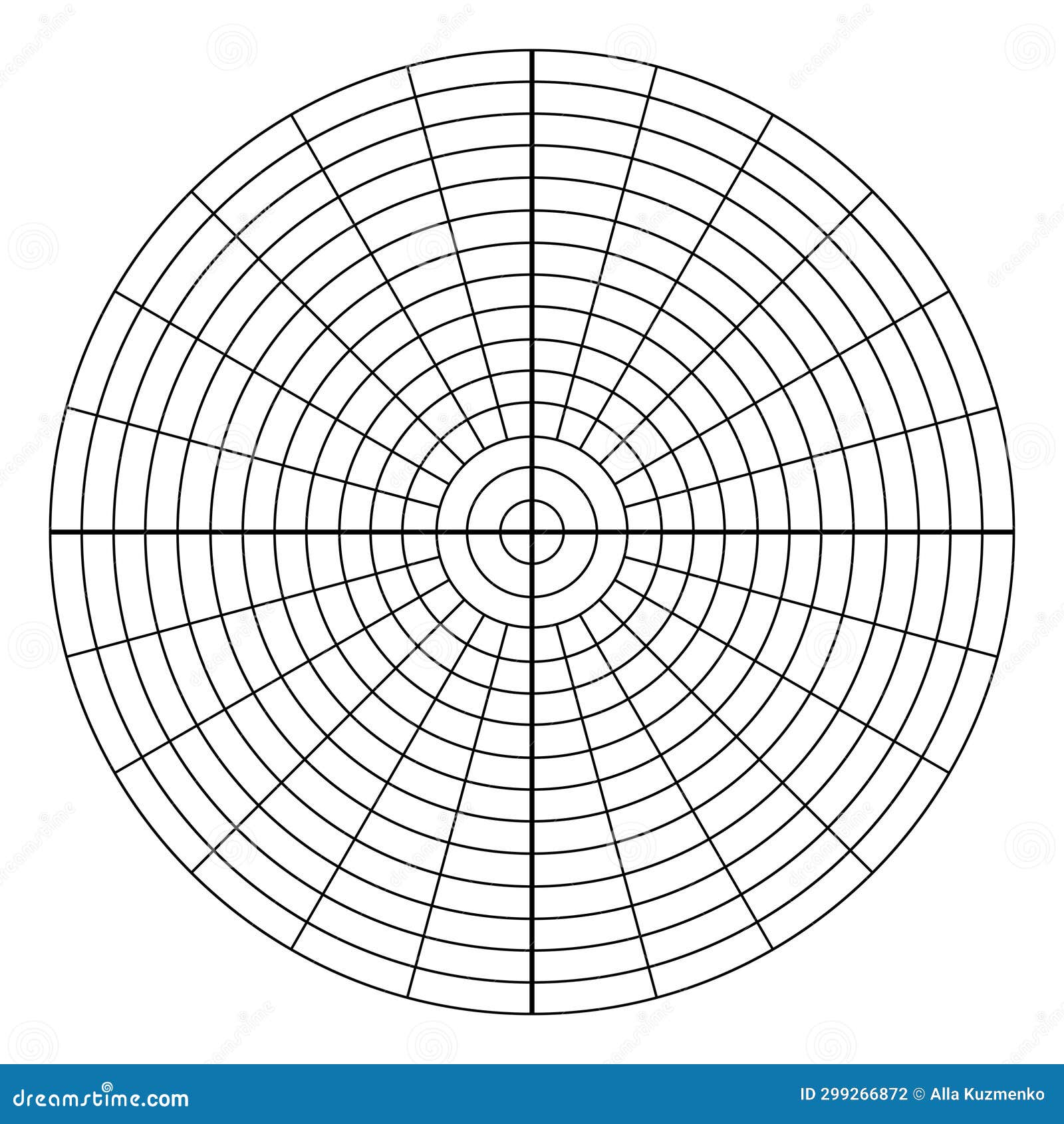 Polar Coordinate Circular Grid Isolated on White Background. 360 Degrees Scale. Blank Polar