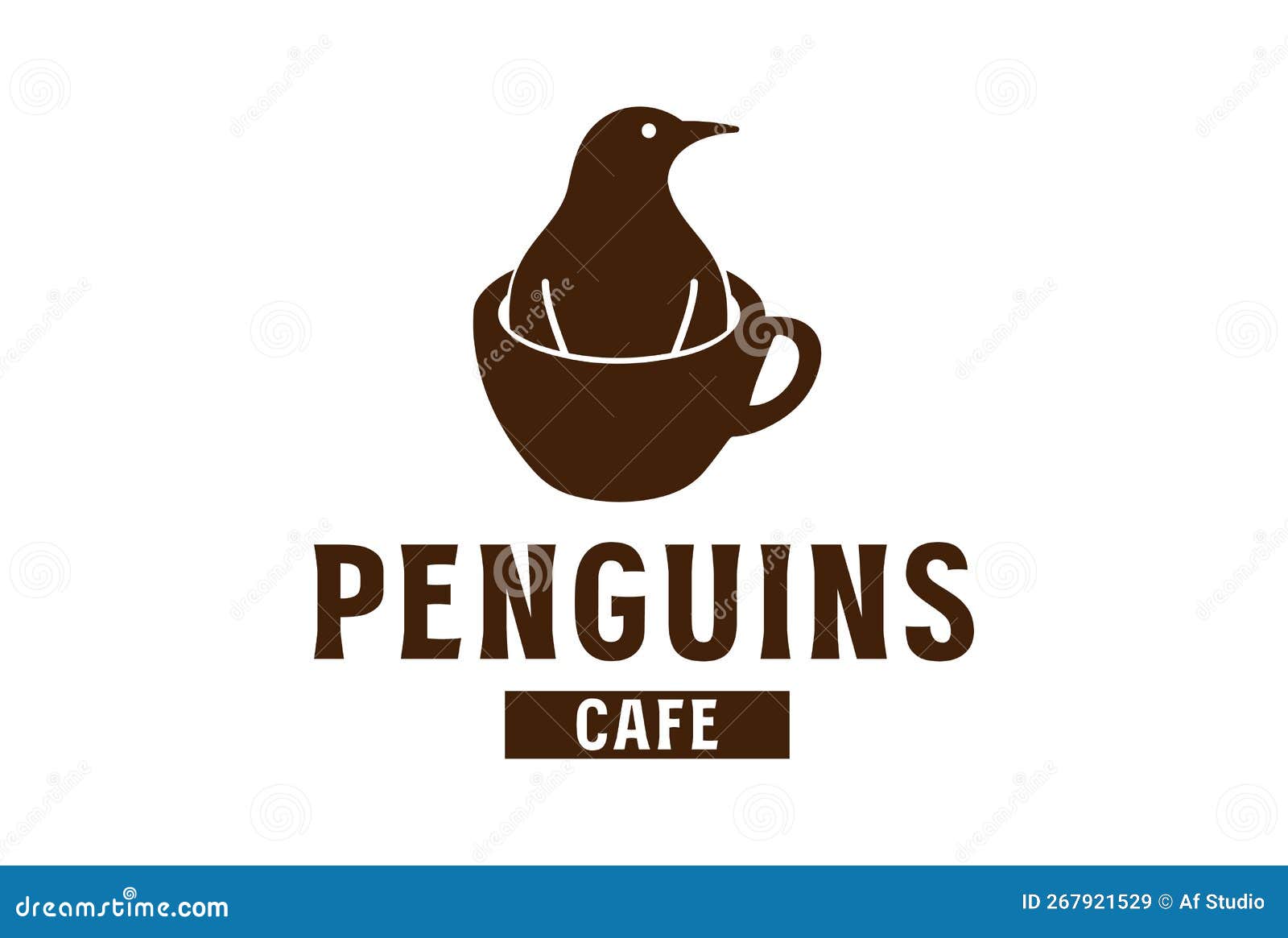 Polar Penguins Silhouette With Coffee Cup For Cafe Logo Design Stock