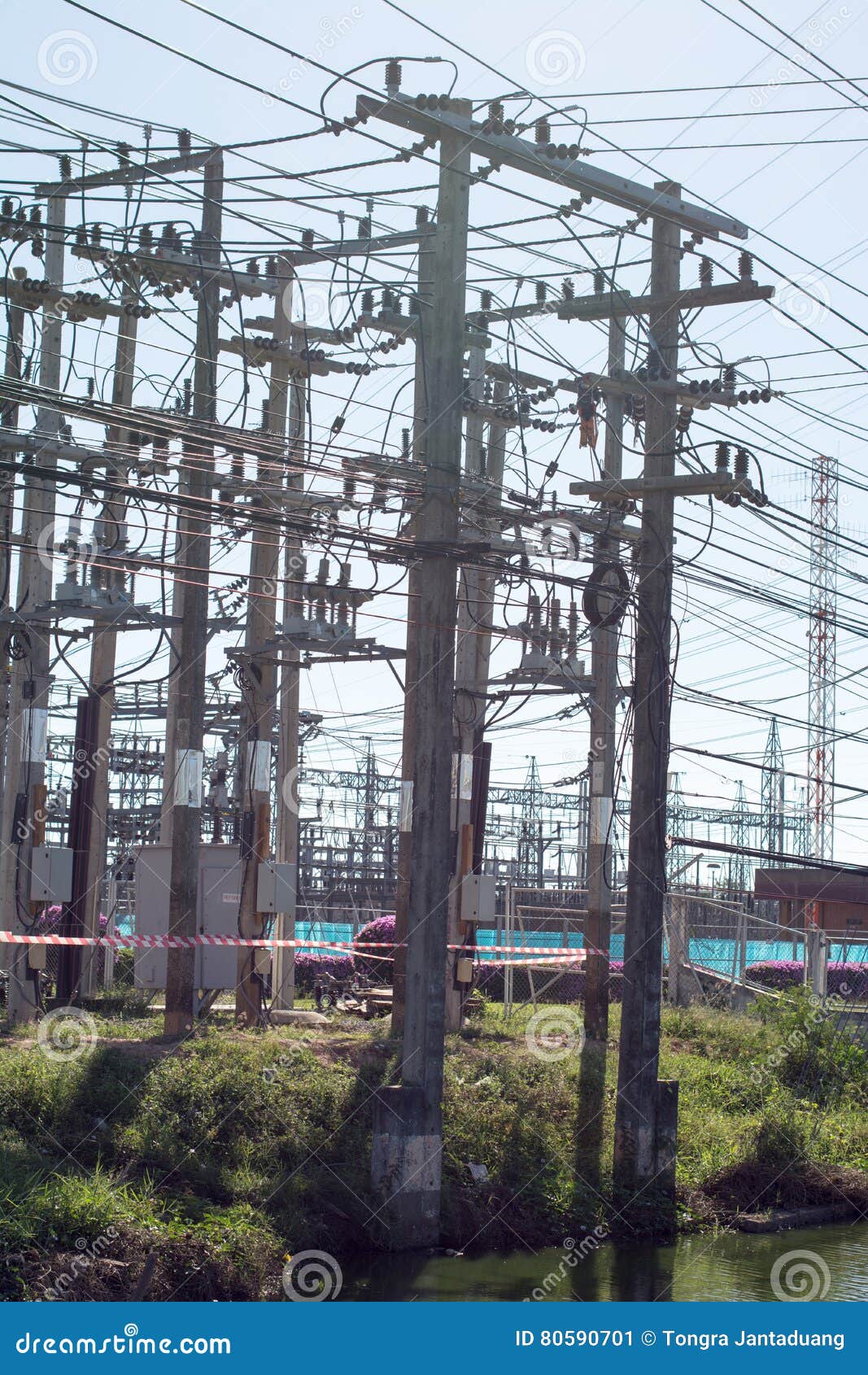 pole high-voltage transmission voltage white red for several high-vold...