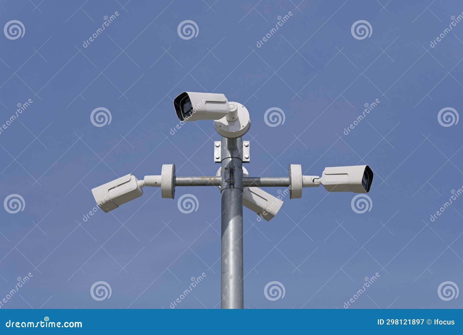 Pole Mounted Security Cameras Against Blue Sky Stock Image Image of