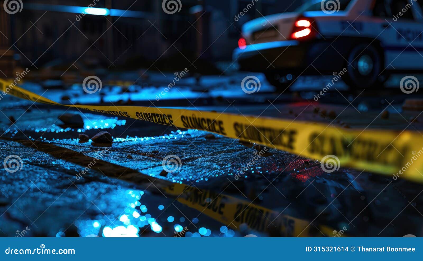 police car and crime scene with secure tape at night, detectives probing murder in restricted zone. ai generated