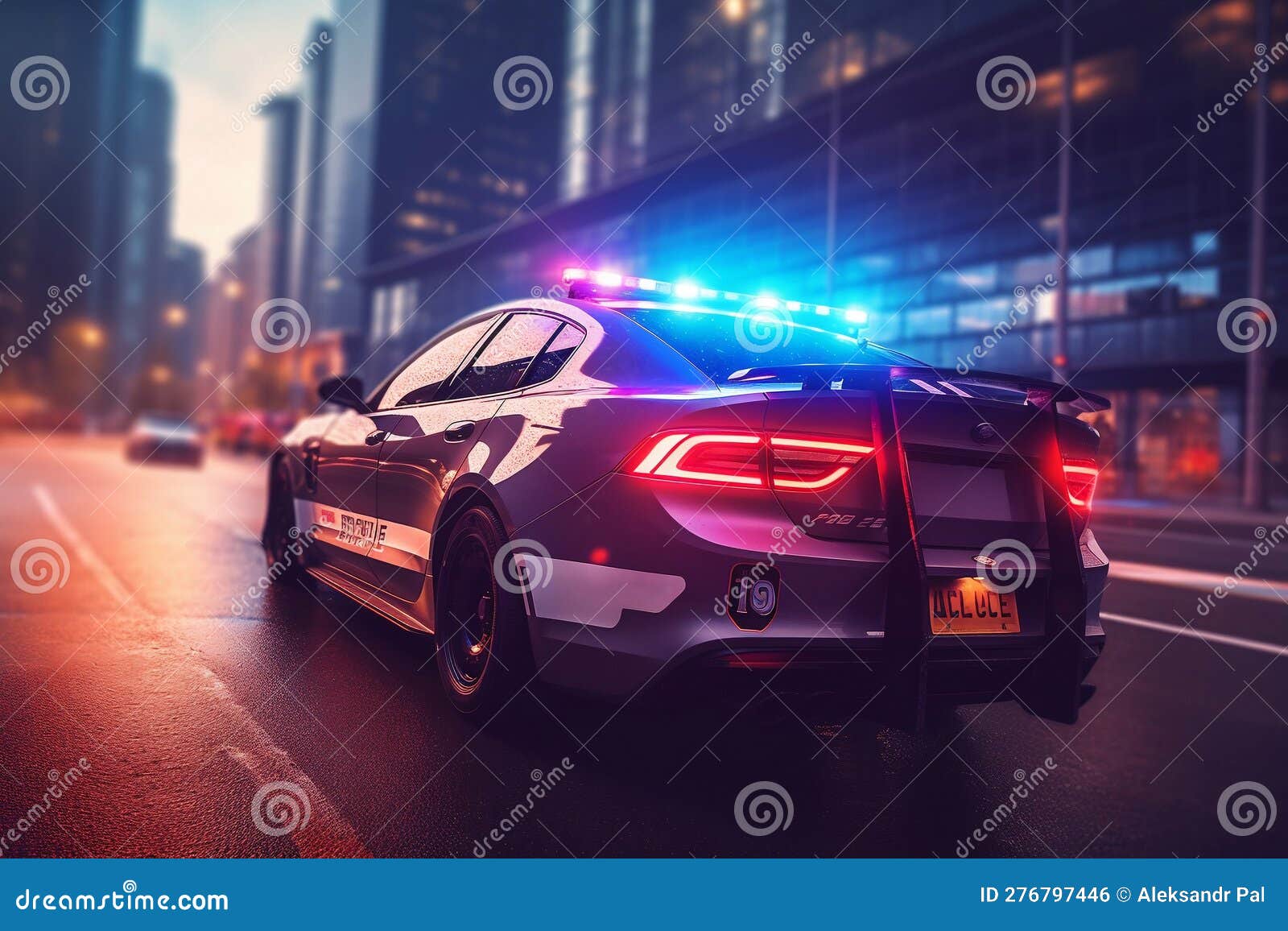 Police Car with Flashing Lights in a Modern City. Ai Generative Stock
