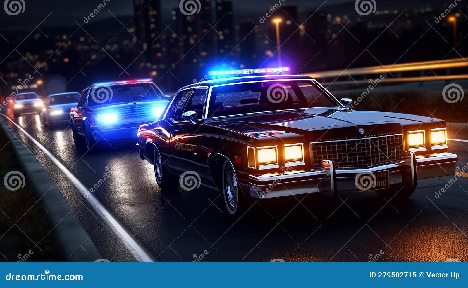 Police Car with Sirens on the Highway. Generative AI Stock Illustration