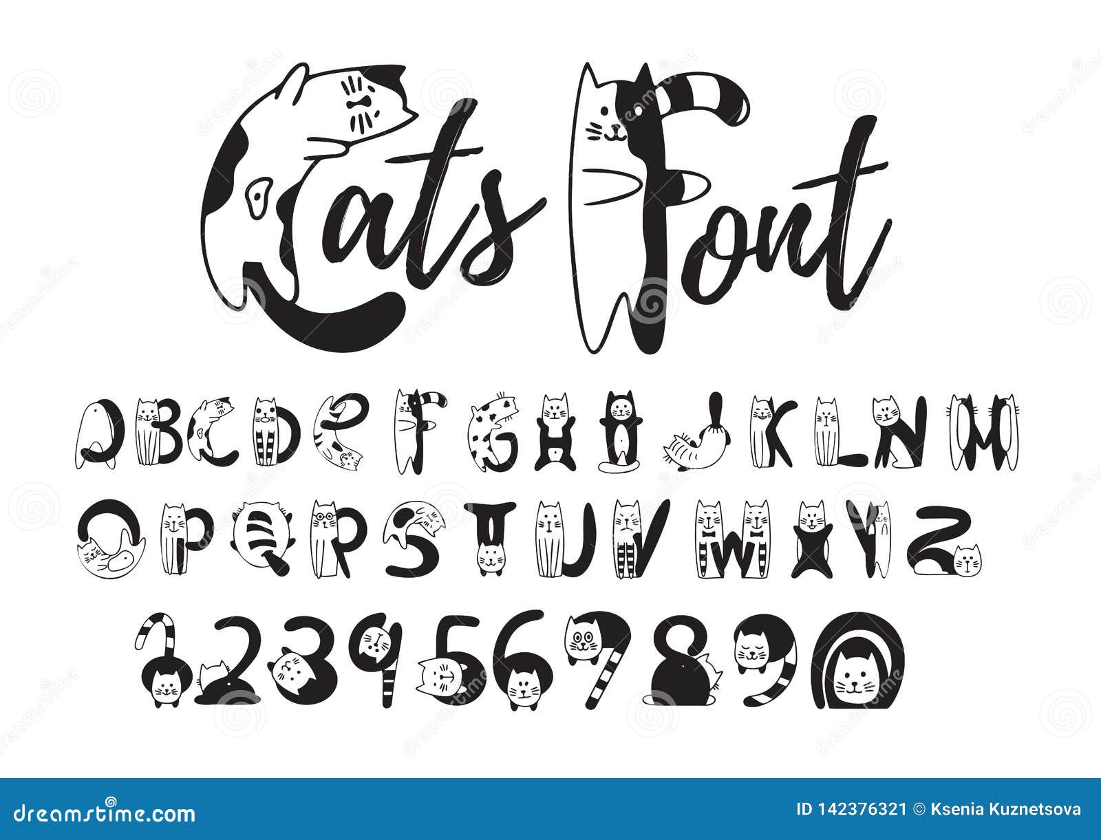 Police De Chats Alphabet Noir Et Blanc Mignon Nombres Police De Chats Alphabet Noir Et Blanc Mignon Nombres
