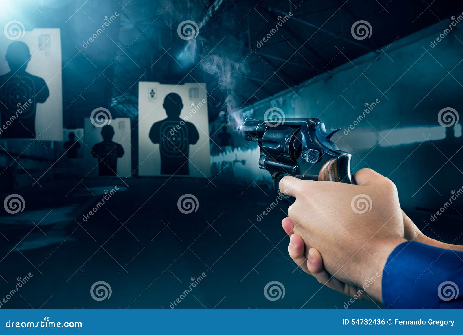 police officer firing a gun at a shooting range / dramatic light