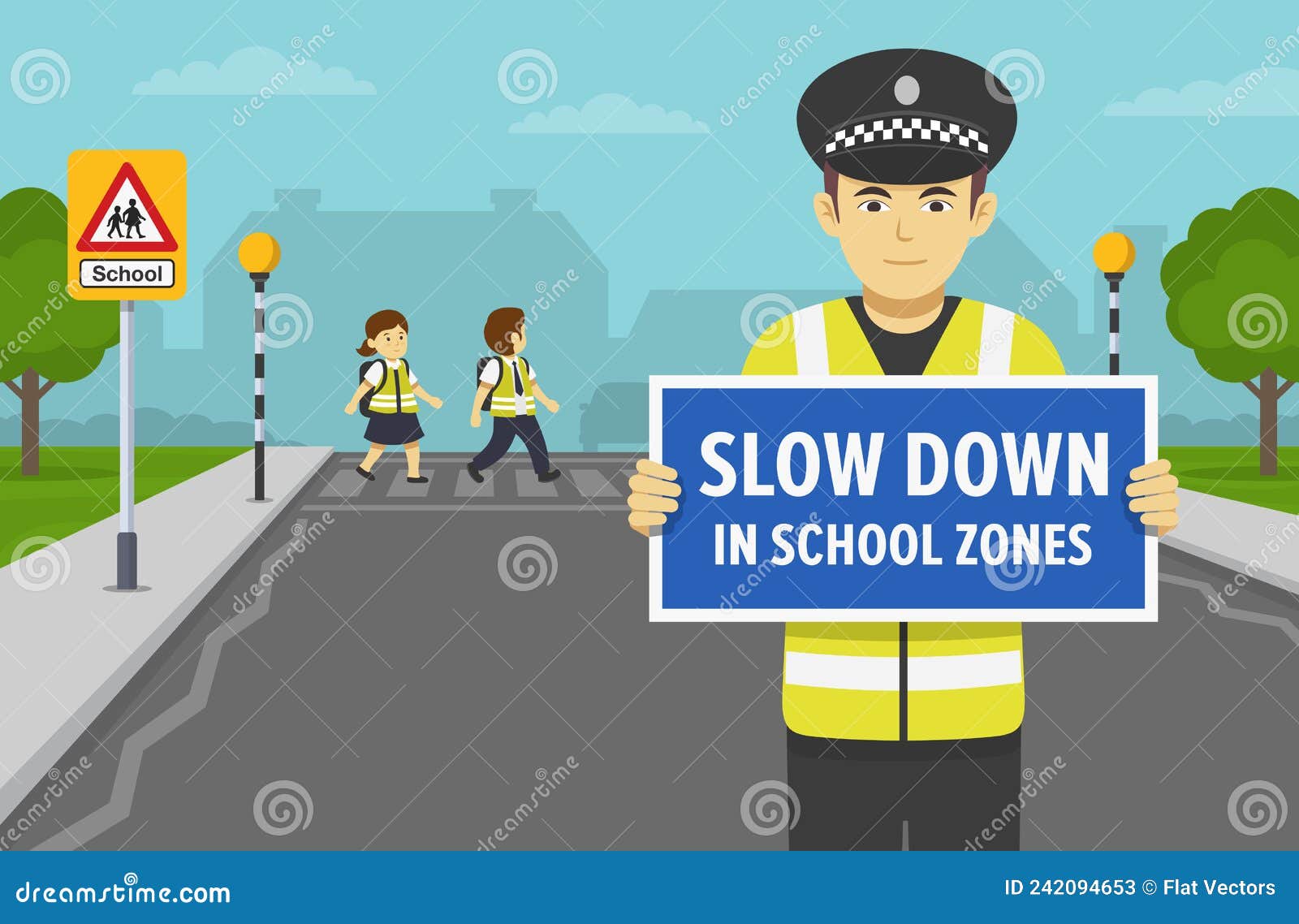 vector illustration of a schoolchildren crossing the road with the