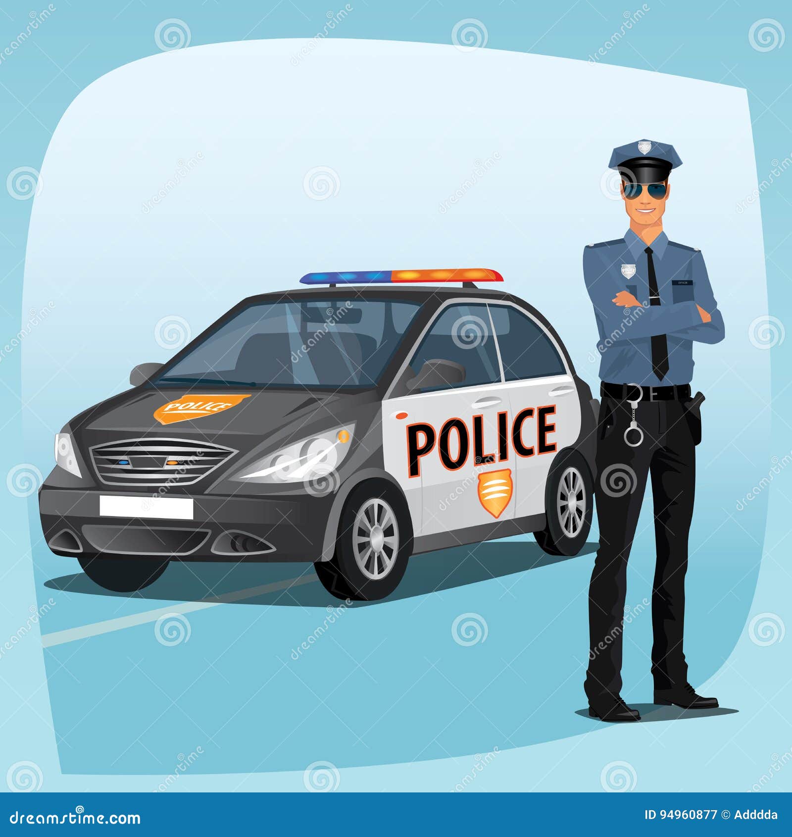 Policeman in uniform and police car. Cartoon set Stock Vector by