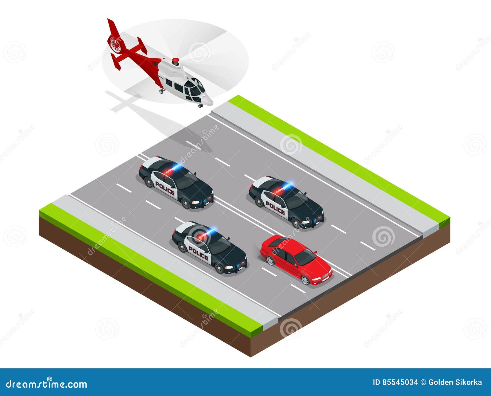 police in pursuit of a criminal with a stolen car or drunk driving, speeding. isometric police chase 