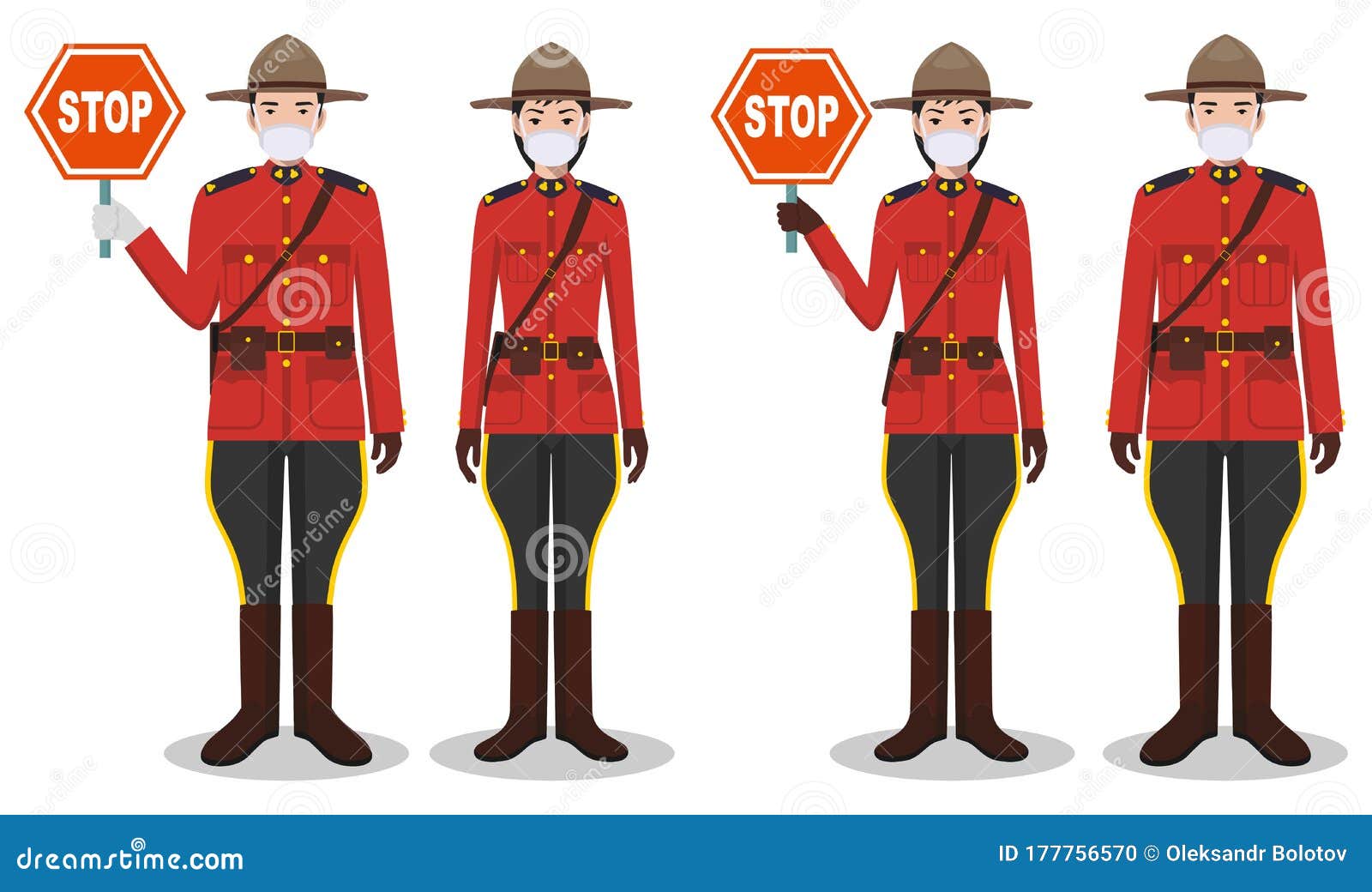 escalada Algebraico Química Police and Quarantine Concept. Couple of Canadian Policeman and Policewoman  in Traditional Uniforms and Protective Masks Standing Stock Illustration -  Illustration of banner, disease: 177756570